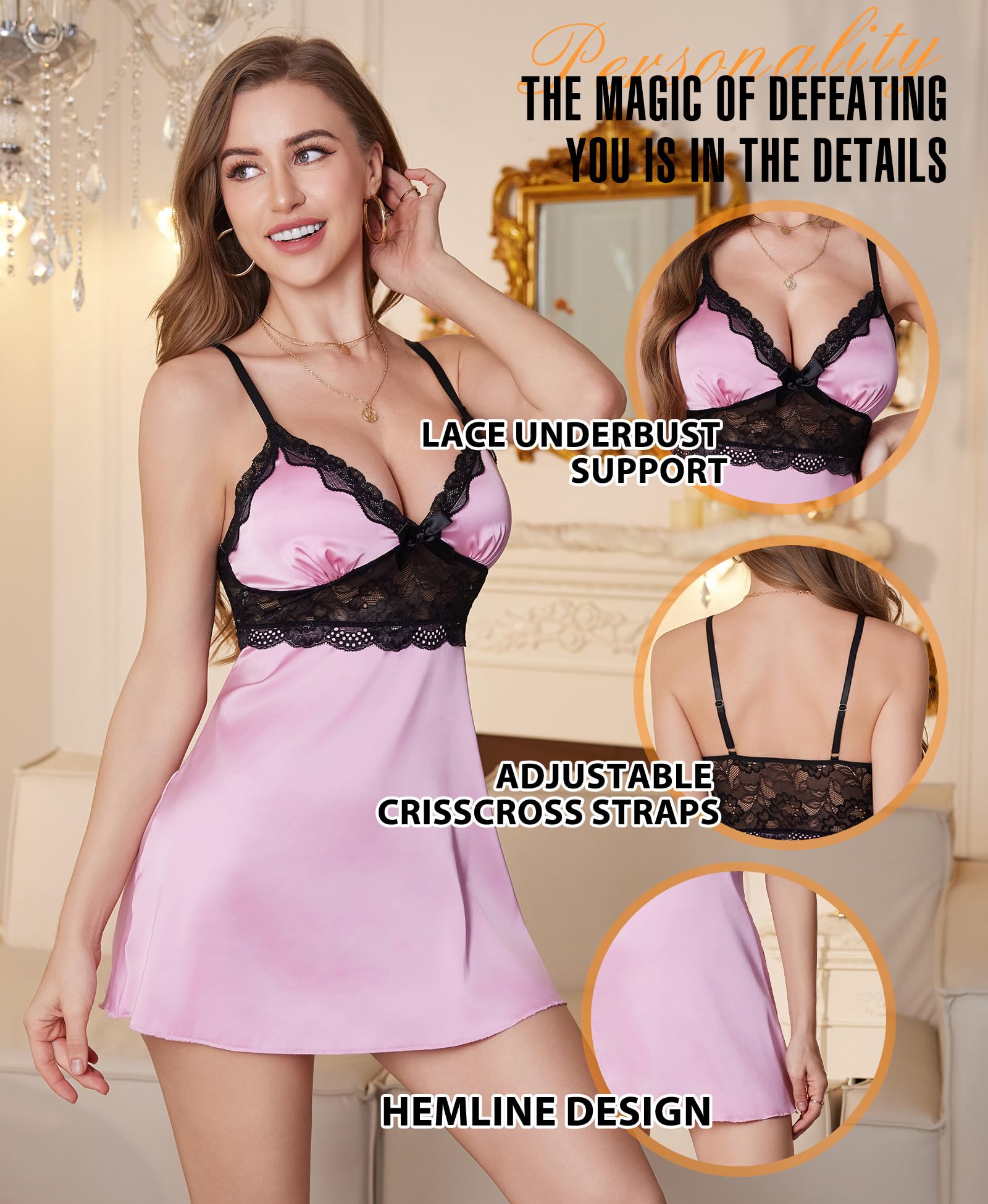 Nuisette Sexy pour Femme – Nuisette en Satin avec col en V et Dentelle avec nœud