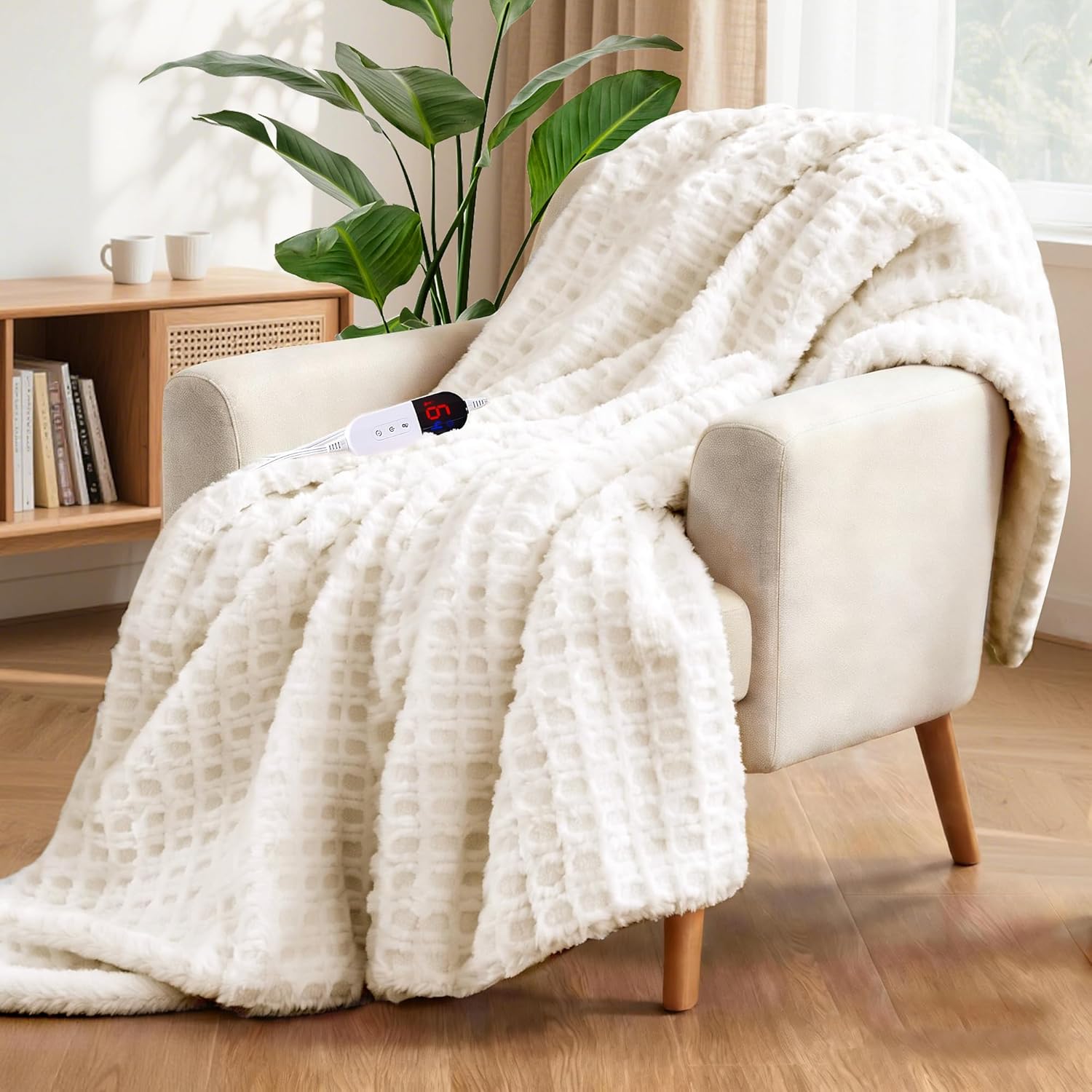 Waffle Heated Throw Blanket 62"x84" – Electric Blanket with 6 Heat Levels & 10 Timer Settings, Ultra-Soft Faux Fur & Sherpa, ETL Certified, Machine Washable, Ideal Gift for Women (Ivory/Cream)