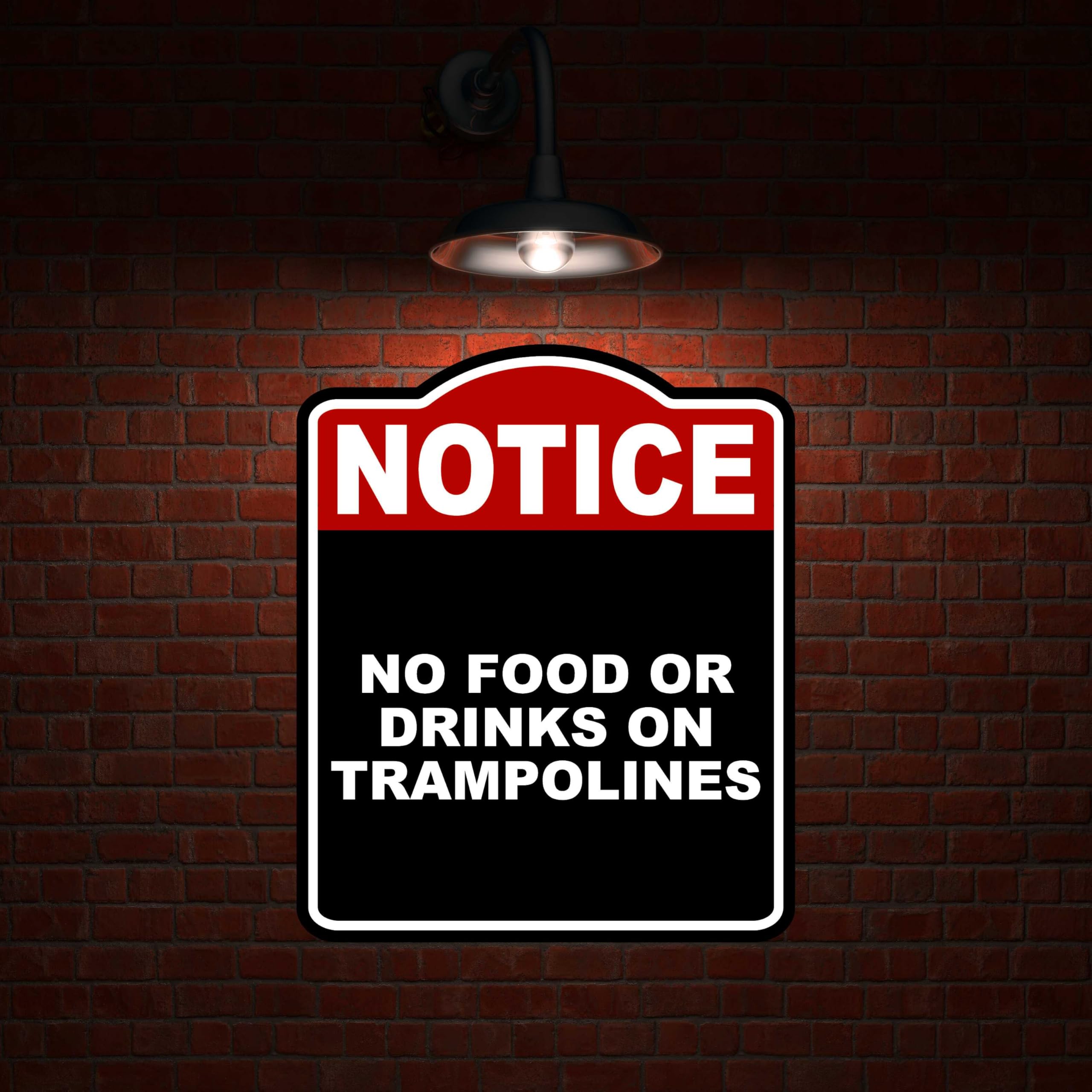 NO FOOD OR DRINKS ON TRAMPOLINES Notice Red Black Aluminum Composite Sign 15 x 18 inches
