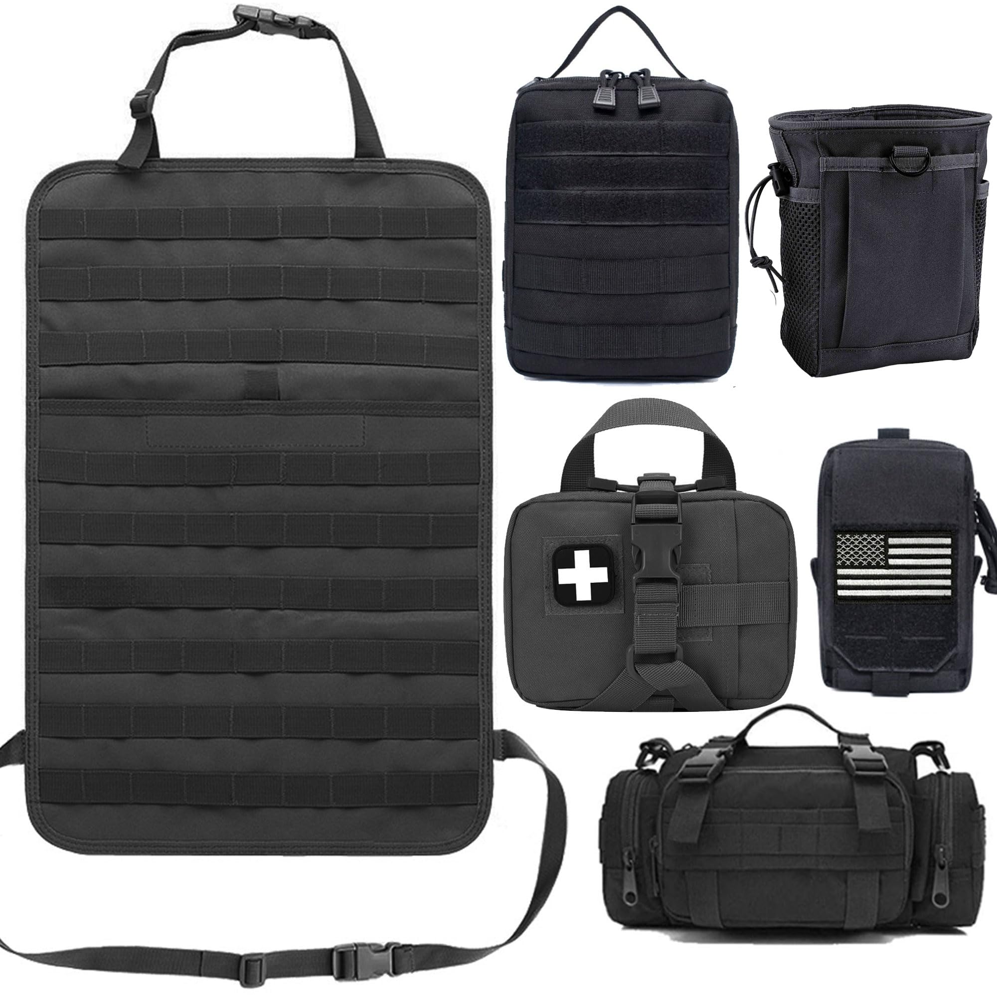 Car Truck Seat Back Organizer Tactical Molle, Upgrade Tactical Vehicle Panel Organizer with 5 Detachable Molle Pouch, Universal Fits for Most of Vehicle (Black)