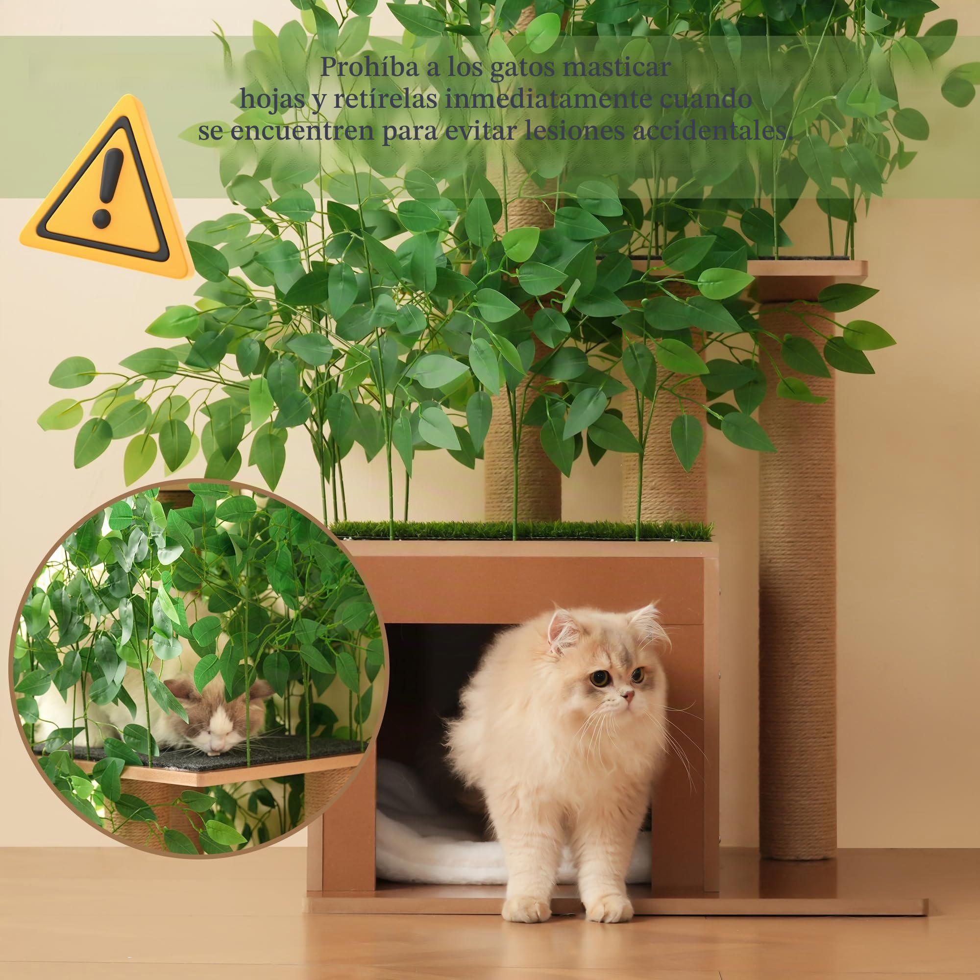 Árbol rascador de 190 cm de alto con 4 plataformas y agujeros para gatos. Material seguro para mascotas, hojas extraíbles, impermeable y resistente a la humedad, adecuado para gatos (verde)