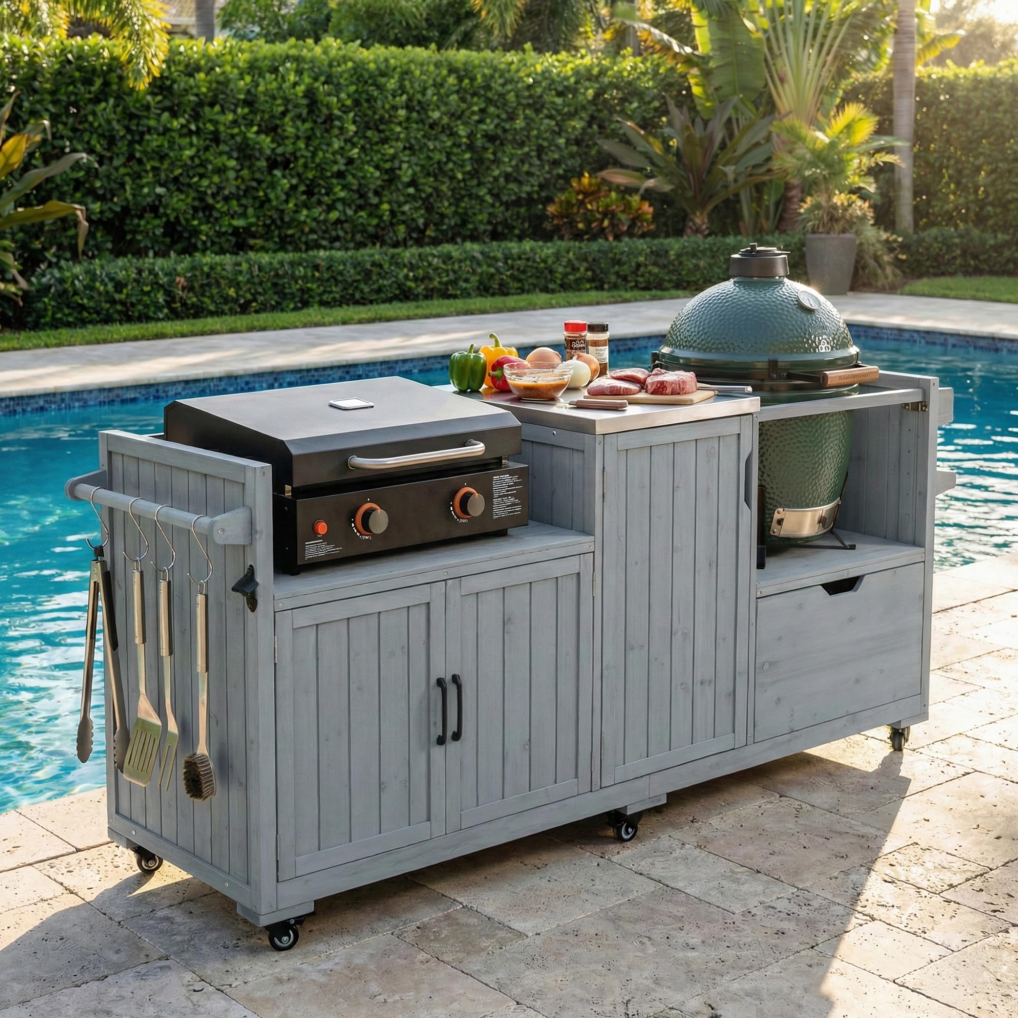 Merax 80.5" Outdoor Kitchen Island for Big Green Egg&amp; Blackstone Griddle, Solid Wood Grill Cart Table with Stainless Steel Top, Drawer for Large Big Green Egg and 21"/28" Blackstone Griddle, Grey Blue