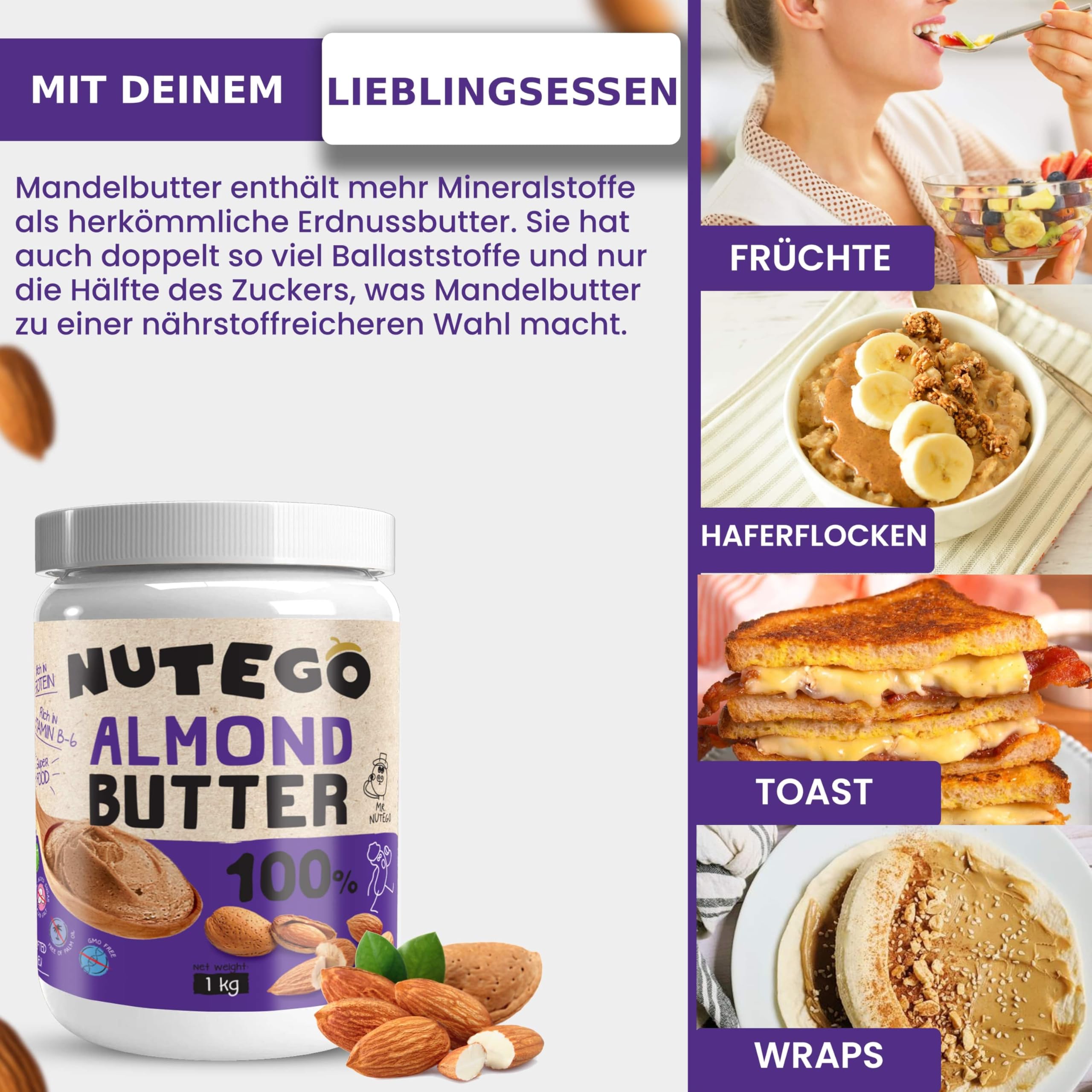 Nutego 100% Cremige Mandelmus 1 KG – Mandelbutter Ohne Zusätze, Salz, Zucker & Palmfett – Vegan, Laktosefrei, Gentechnikfrei