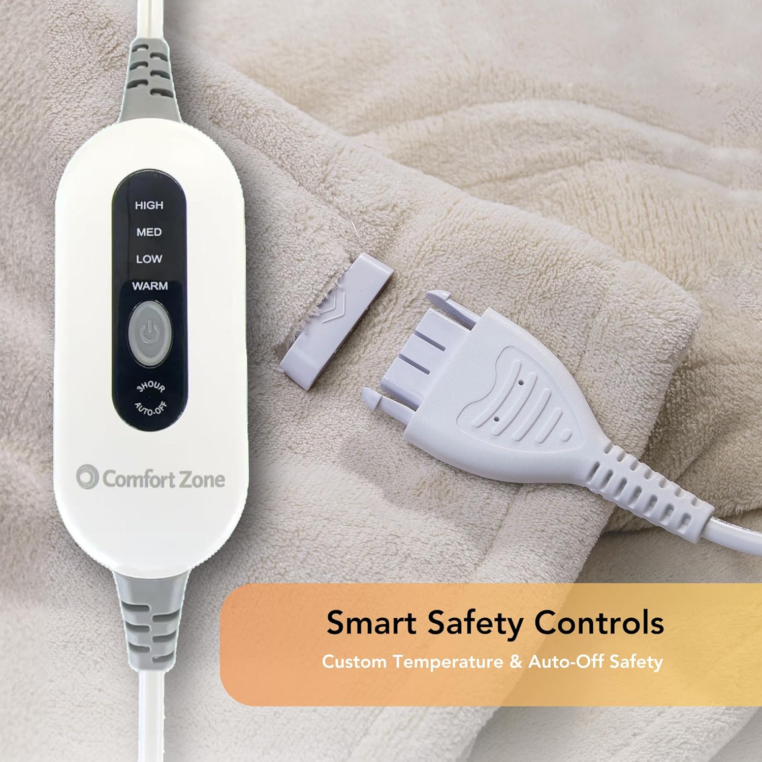 Comfort Zone Heated Blanket Electric Throw, Solid Pattern, Micro Plush Electric Blanket, Heating Blanket with 4 Heating Levels, 3H Timer, Auto Shutoff, Fast Heating (50x60 inches, Cream) - Image 4