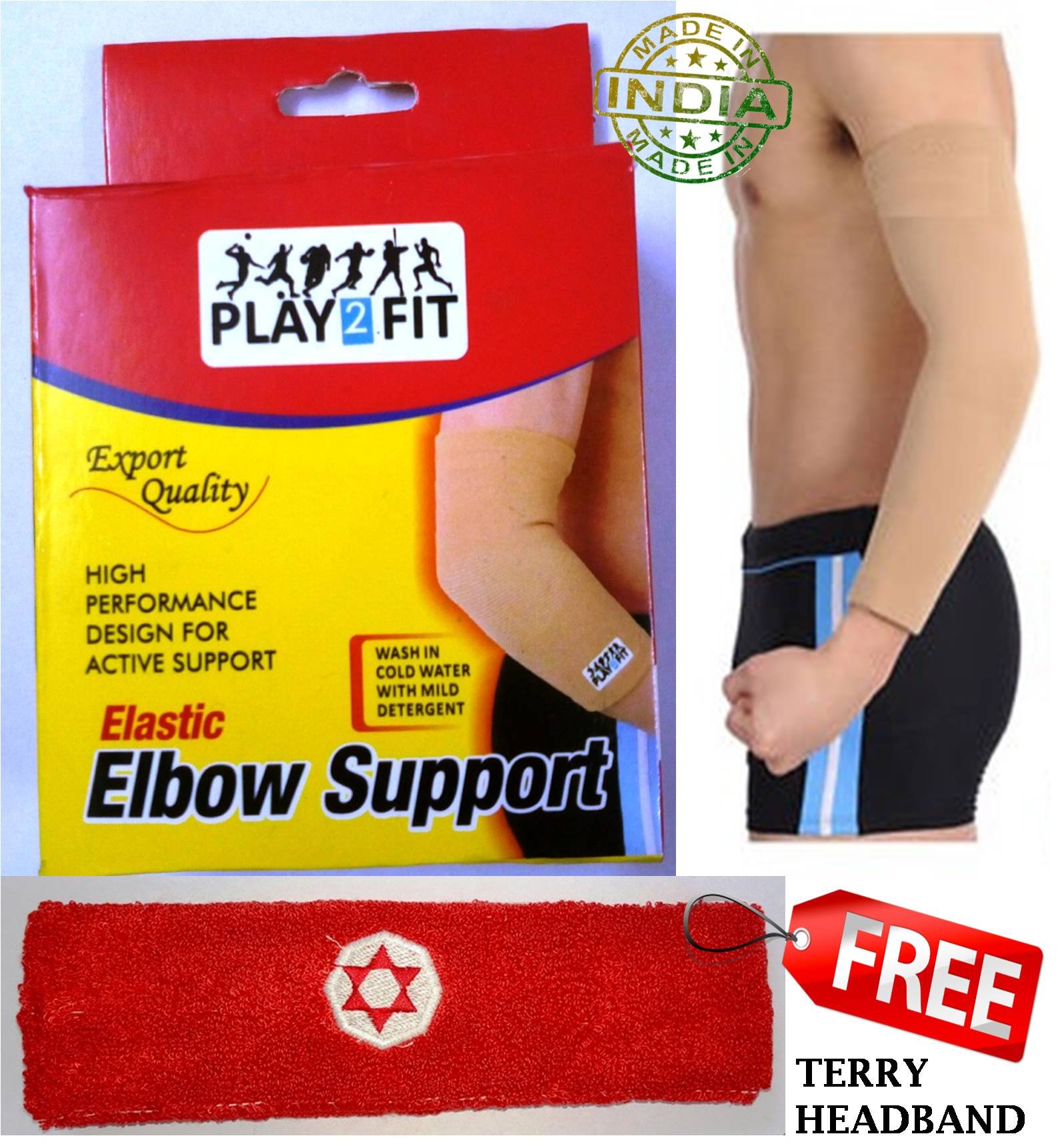 PRASH 2 Fit Elbow Support with Terry Headband, Beige -Set of 2 Pieces-1 Pair 1