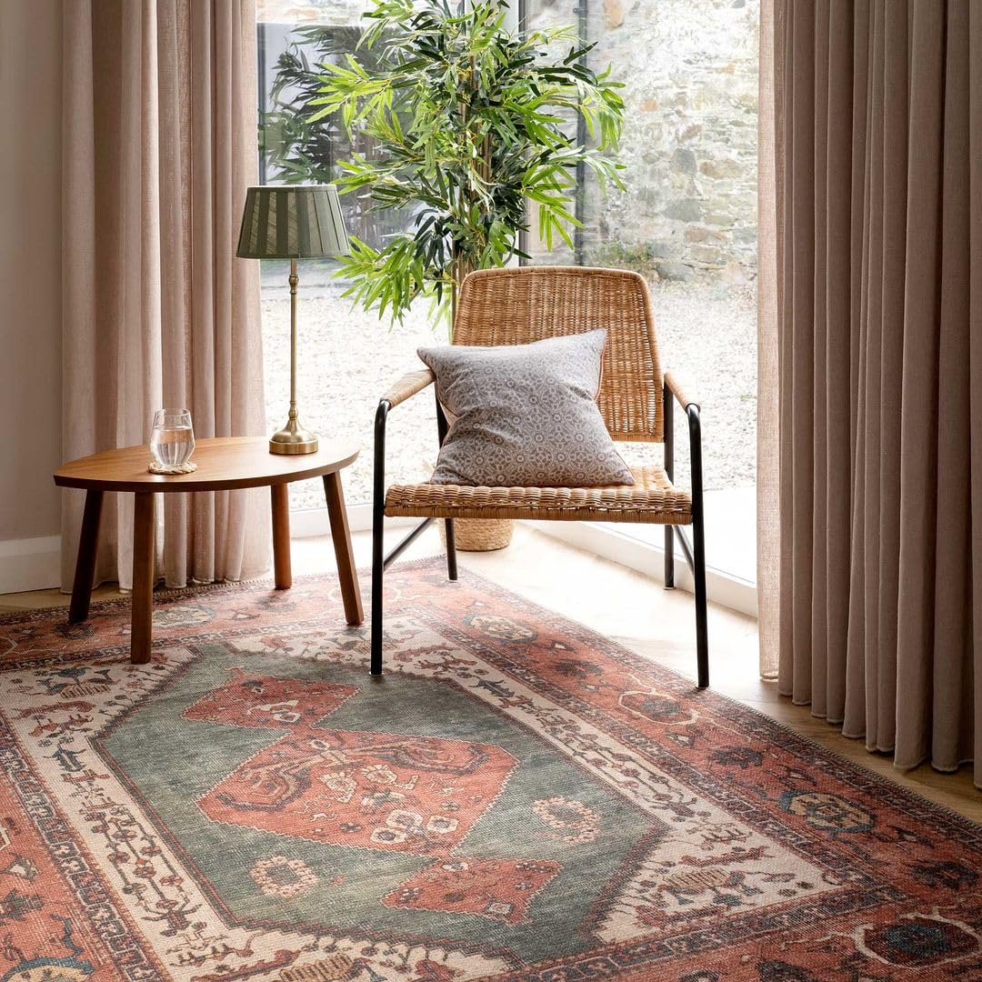 Vintage Antique Machine Washable Cotton Living Room Area Rug Distressed Orange Green Sustainable Stain-Resistant Non-Slip Traditional Carpet 160cm x 230cm