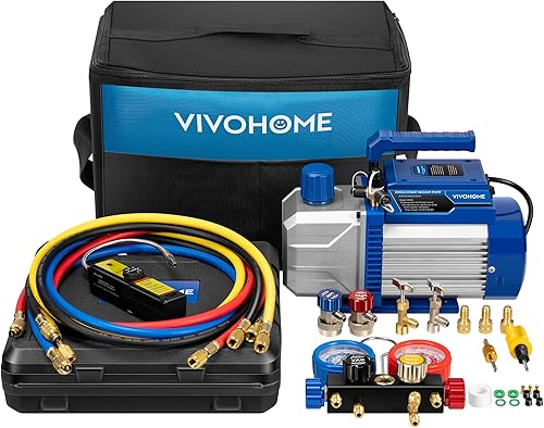 VIVOHOME Bomba de vacío de aire acondicionado de una sola etapa, 110V, 13 HP, 5CFM y kit de manómetro de AC de 4 vías con detector de fugas,