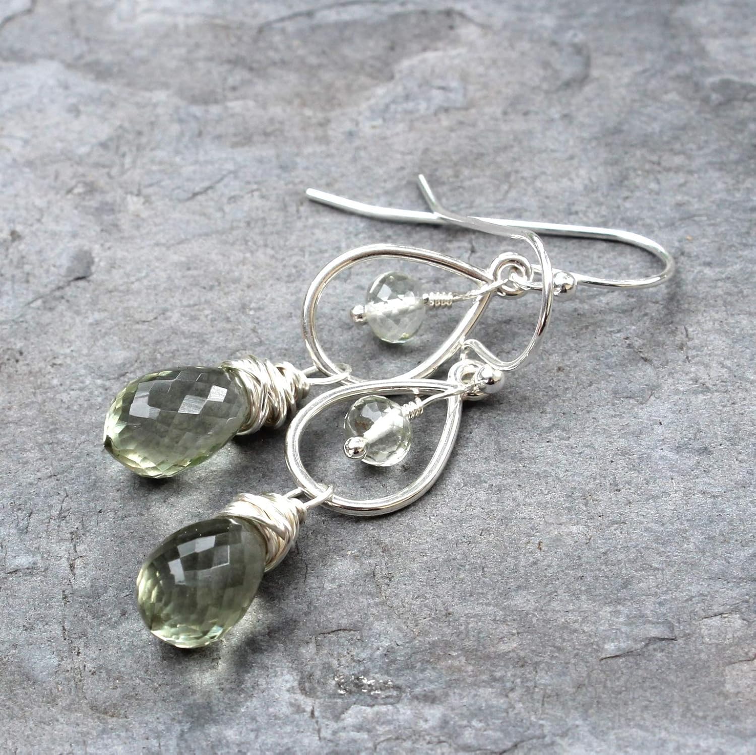 Green Amethyst Earrings Sterling Silver Wrapped Gemstones - Image 5