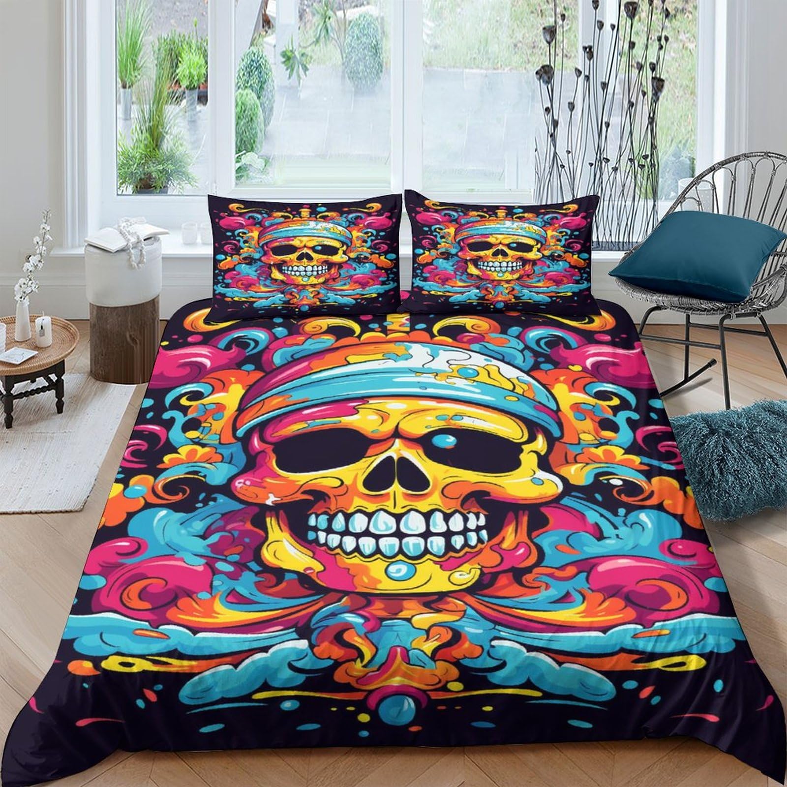 Housse de couette 220x240 tête de mort avec taies d'oreiller