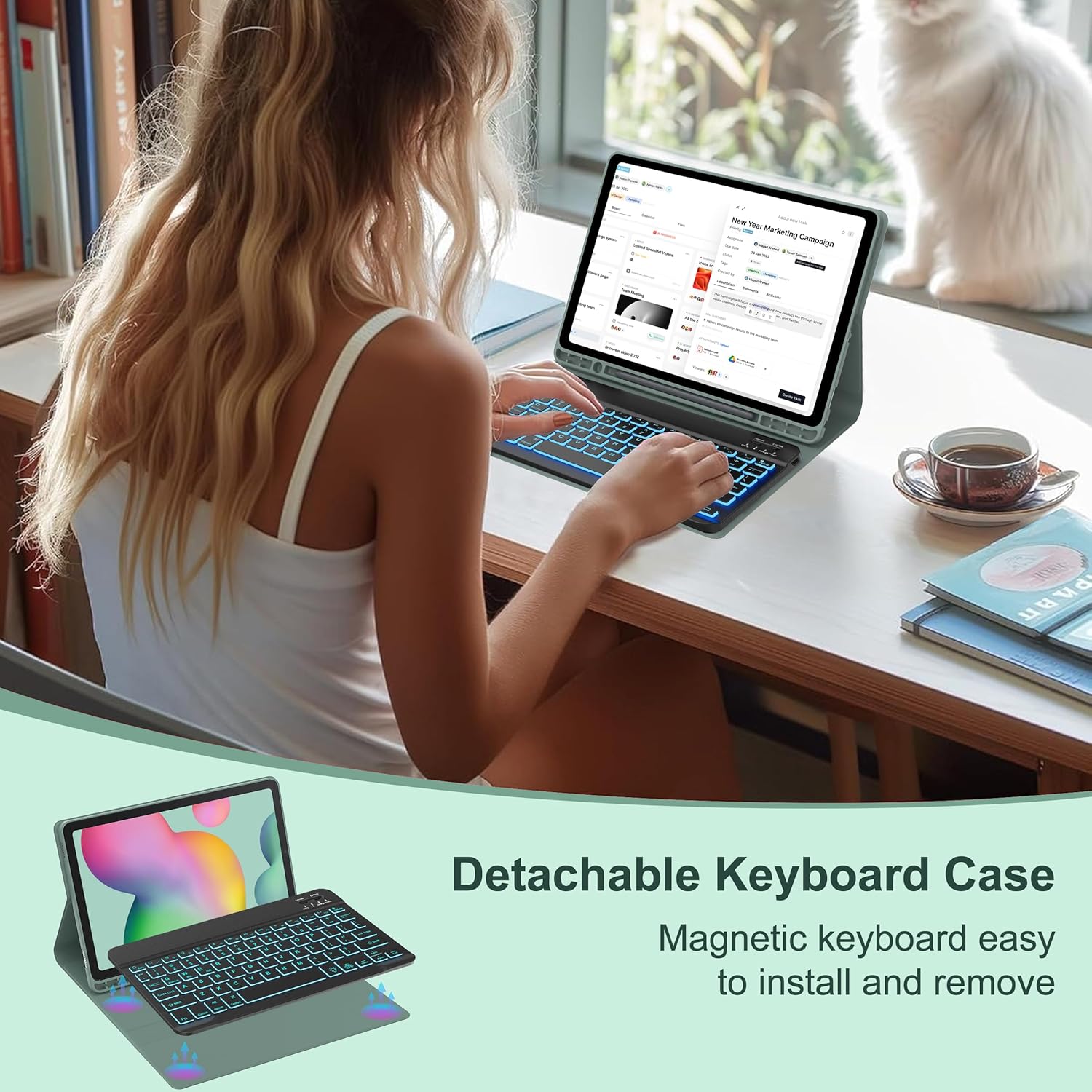Keyboard Case for Samsung Galaxy Tab S6 Lite 10.4” 2024/2022/2020, Backlit Detachable Bluetooth Keyboard, Smart Folio Cover with S Pen Holder for Tablet S6 Lite SM-P620/P625/P610/P613/P615/P619, Green