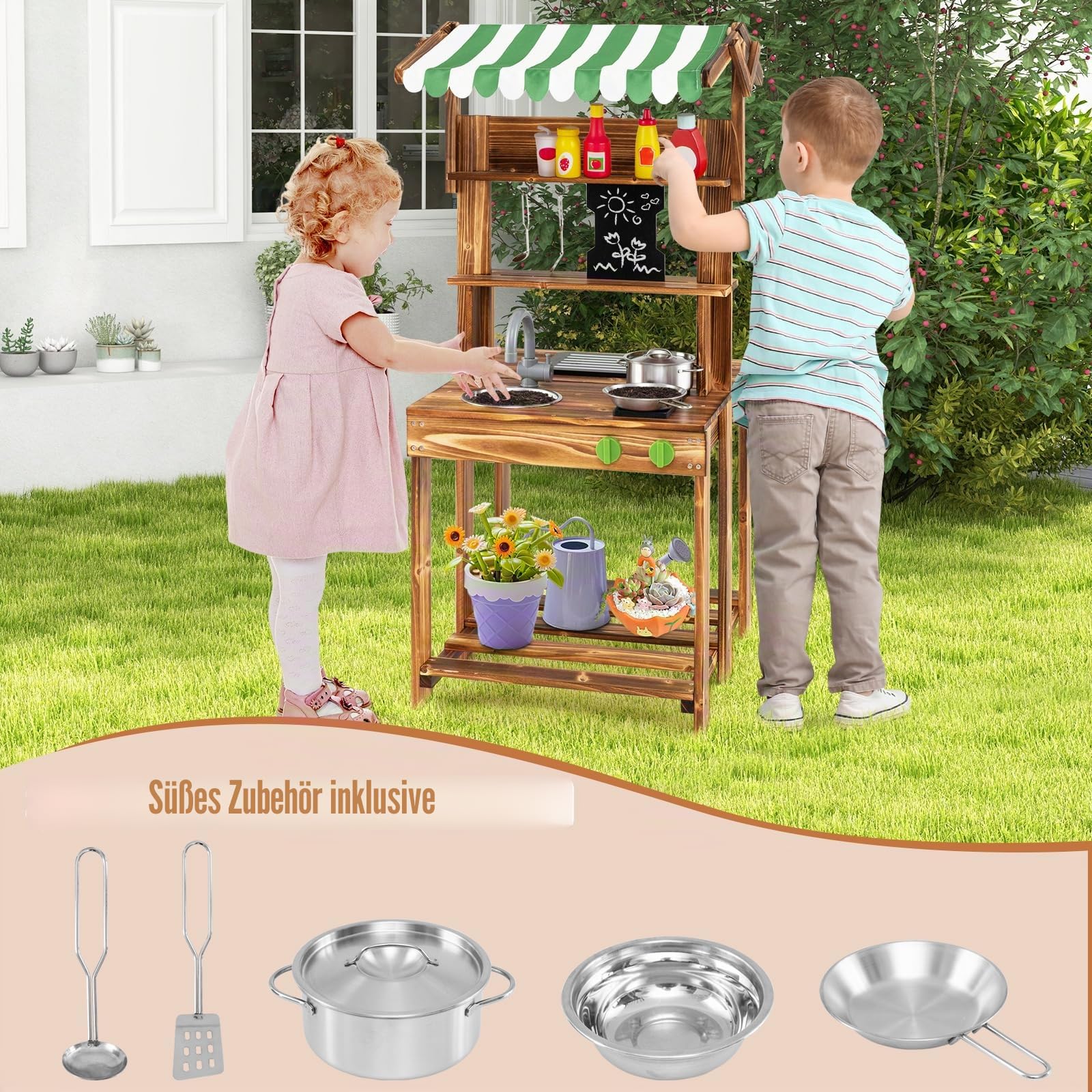 DREAMADE Matschküche Kinder Outdoor, Kinderküche mit Dach, Wasserhahn, Spüle, Tafel & Kindergrill, Doppelseitige Spielküche aus Tannenholz, Outdoor Küche für Jungen & Mädchen ab 3 Jahren