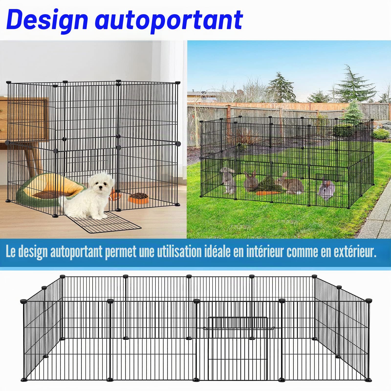 YRHome Enclos en treillis pour lapins, lapins, cochons d'Inde, cages pour petits animaux avec porte, roue libre, enclos pour petits animaux,142 x 72 x 72 cm, noir