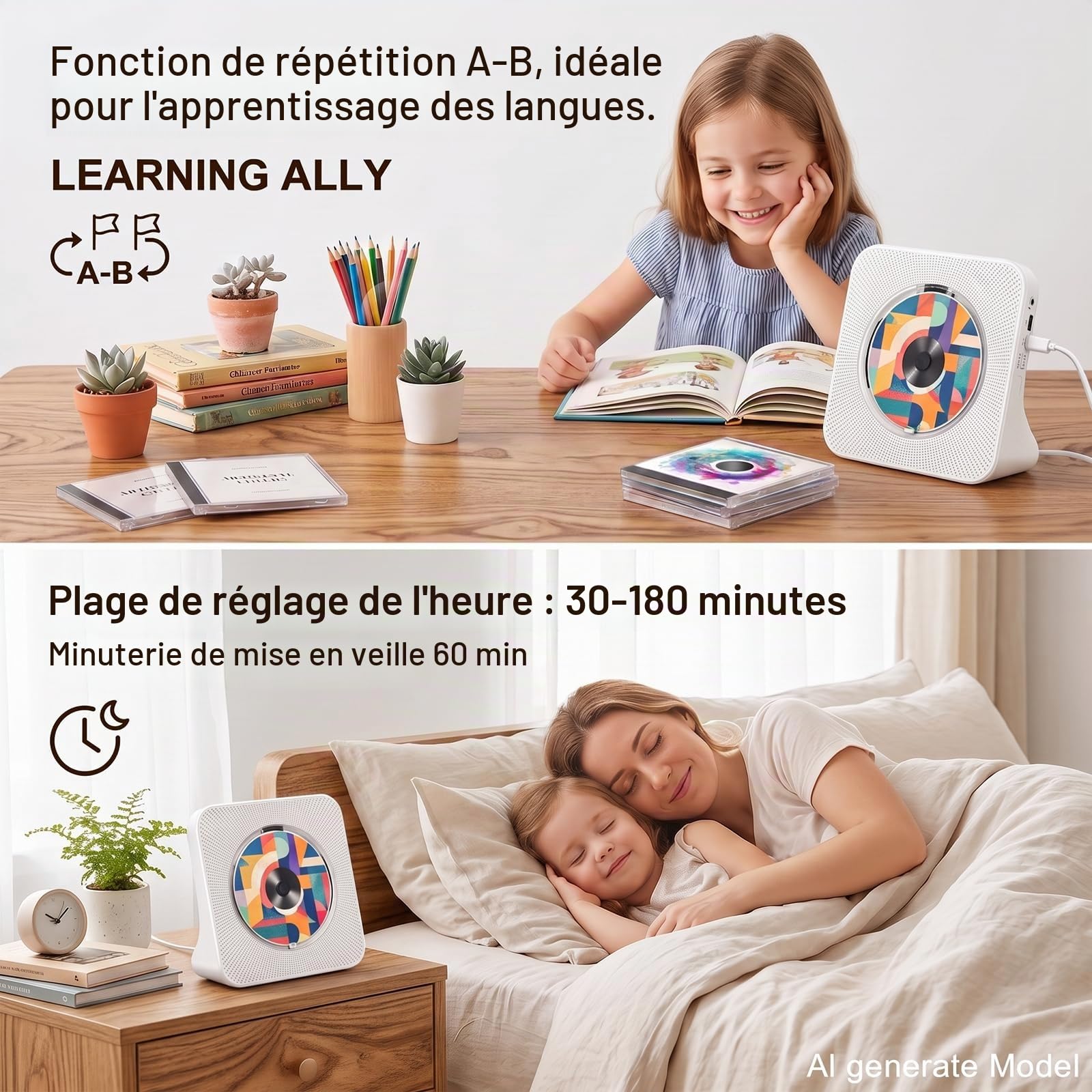 Gueray Lecteur CD Portable Mural Lecteurs CD Bluetooth de Bureau pour la Maison, Double Haut-parleurs HiFi Intégrés, Prise AUX et Casque, Radio FM Boombox avec Télécommande Port USB Écran LCD