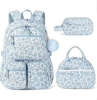 Fimibuke Corduroy Backpack for Girls, 3PCS Kids Backpack with Lunch Box | with Pencil Pouch, Lightweight Teen Girls School Bag Bookbag Set Laptop Bag Travel Daypack for Elementary Middle High School