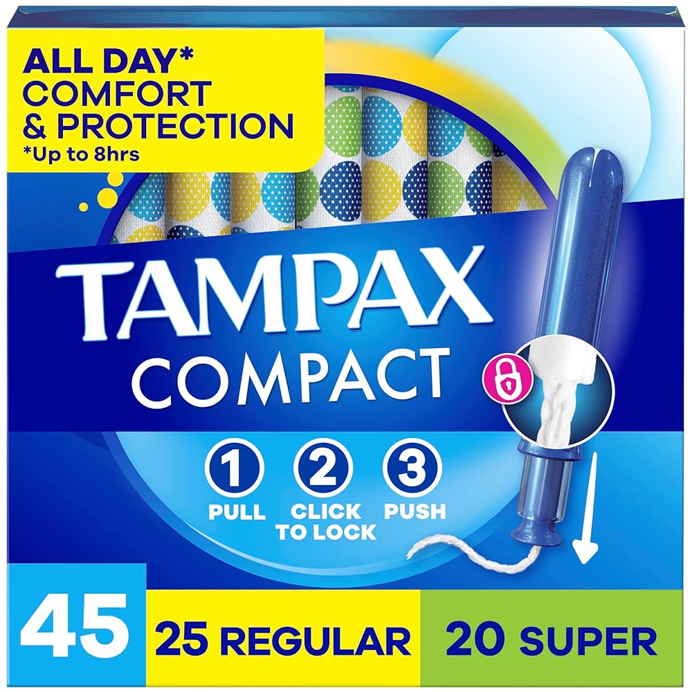 Tampax Compact Pearl Tampons for Women Multipack, with LeakGuard Braid & Extendable Applicator, Regular/Super Absorbency, Compact Extendable Applicator, Unscented, 45 Count
