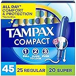 Tampax Compact Pearl Tampons for Women Multipack, with LeakGuard Braid & Extendable Applicator, Regular/Super Absorbency, Compact Extendable Applicator, Unscented, 45 Count
