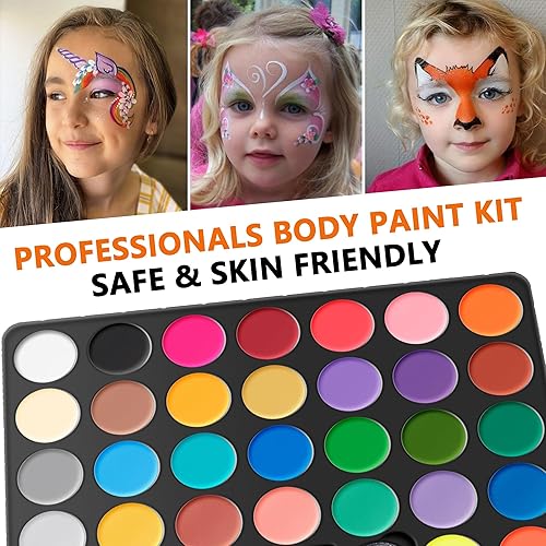 Miniatura 29 de Maydear Kit de pintura facial para niños, paleta de maquillaje a base de agua de 20 colores con plantillas, purpurina, pastel dividido de arcoíris
