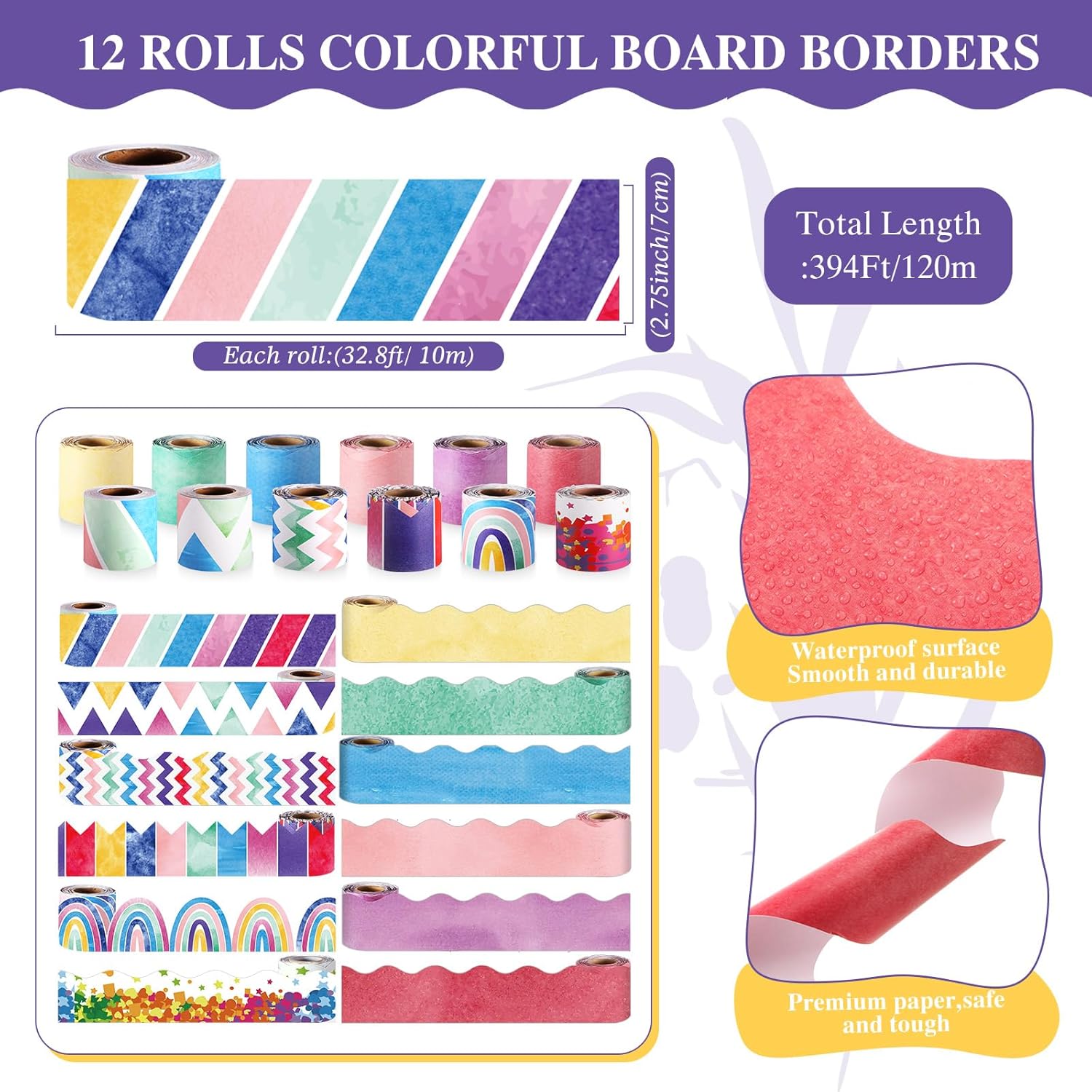 Qilery 12 Rolls 394 ft Bulletin Board Decoration, Watercolor Combination Spring Classroom Bulletin Board Border Bright Scalloped Trim for School Office Poster Chalkboard Whiteboard Wall Decor