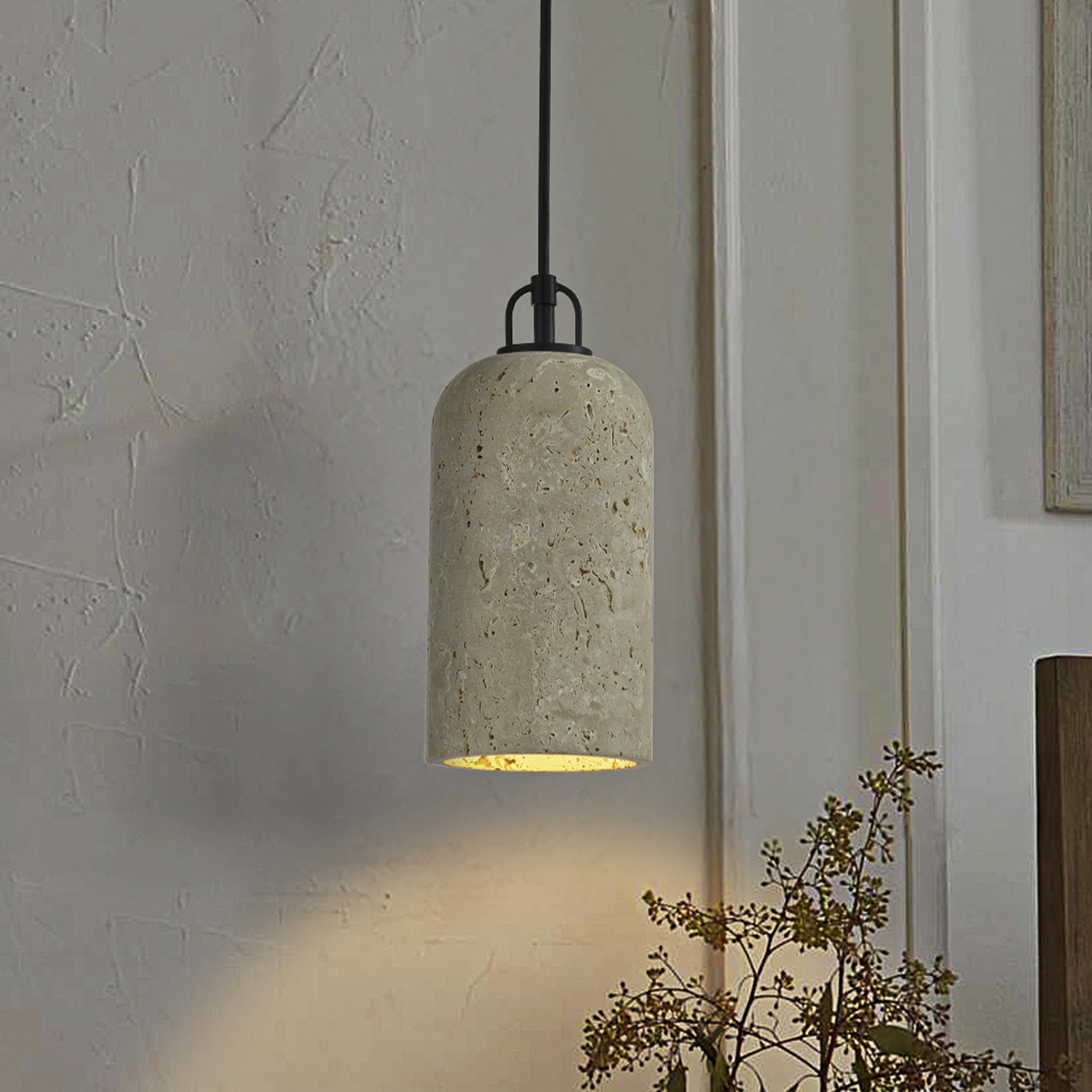 ALOADECOR 1-Light W5in Modern Famhouse Pendant Light Single Natural Travetine Stone Shade Coastal Cylinder Hanging Light for Bedroom and Kitchen Island
