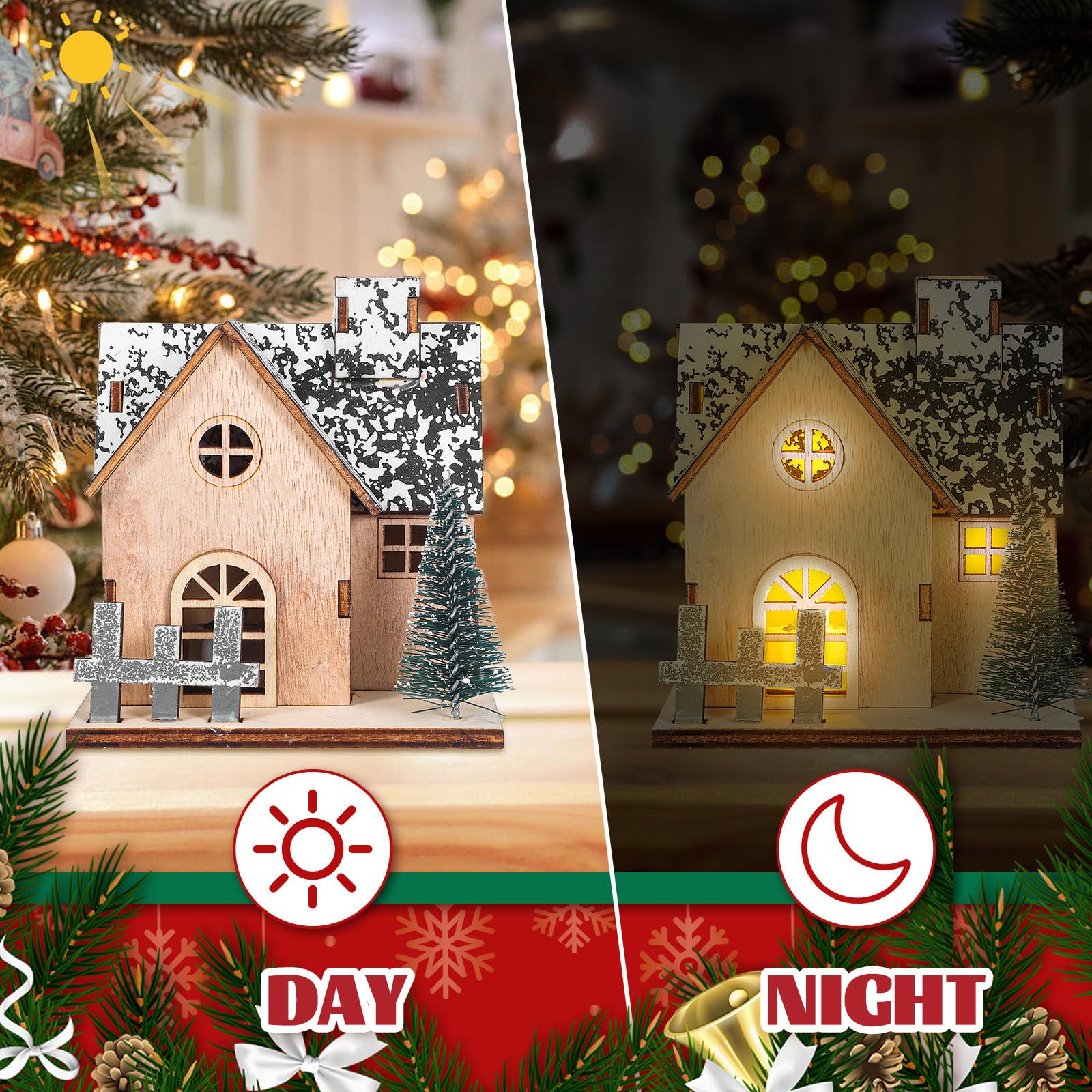 UPKOCH 3 Piezas Casas Iluminada Luces de Madera, Navideñas Led Pueblo de Decoración Rústica Festivas y Diseño Tradicional y Funcionalidad para Cenas Talleres Creativos