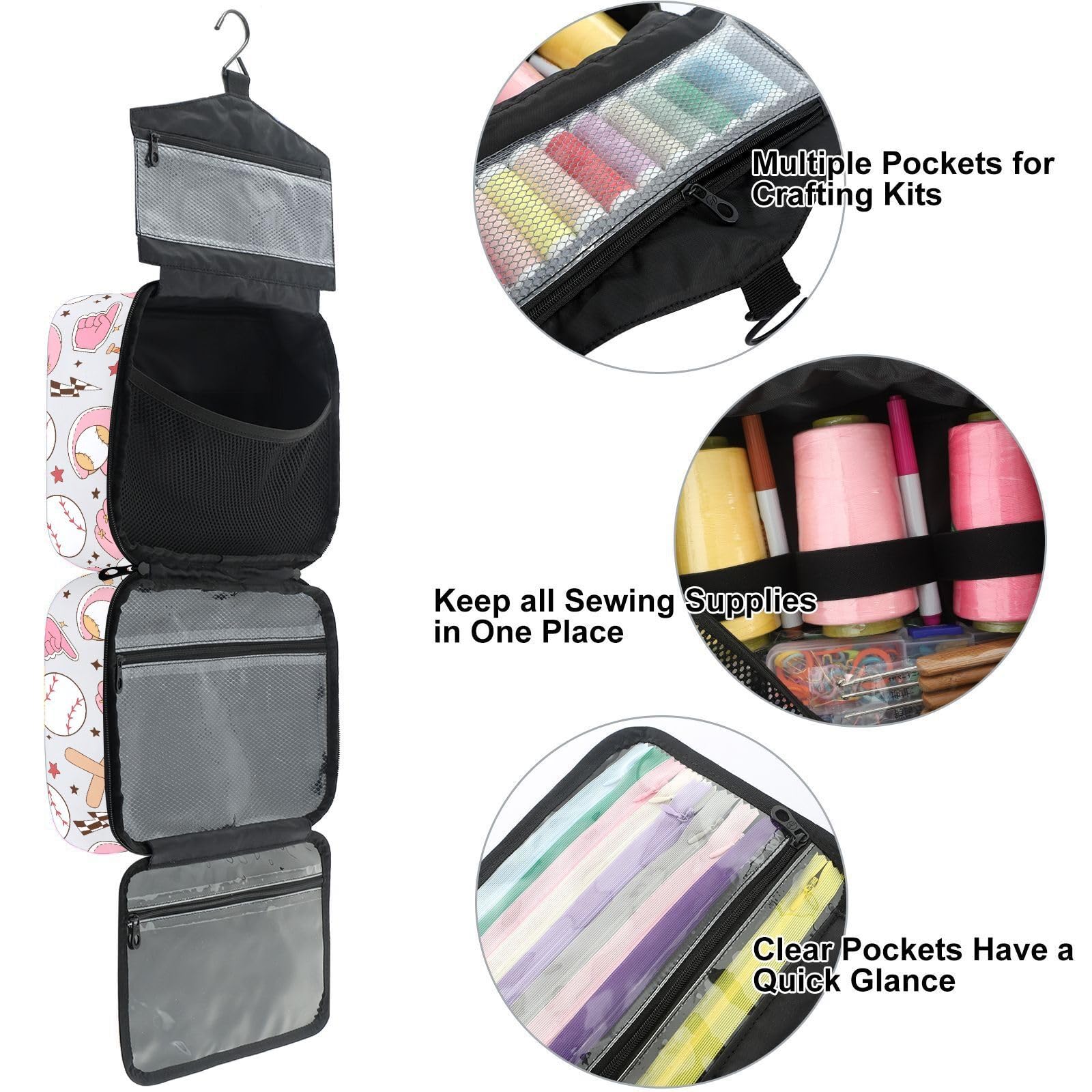 YNNALE Sewing Supply Organizer Bag, Pink Girly Sport Themed Baseball Portable Sewing Bags with Pockets&Hanger, Sewing Storage Box Case for Sew Supplies/Kit/Tools/Accessories (BAG ONLY)