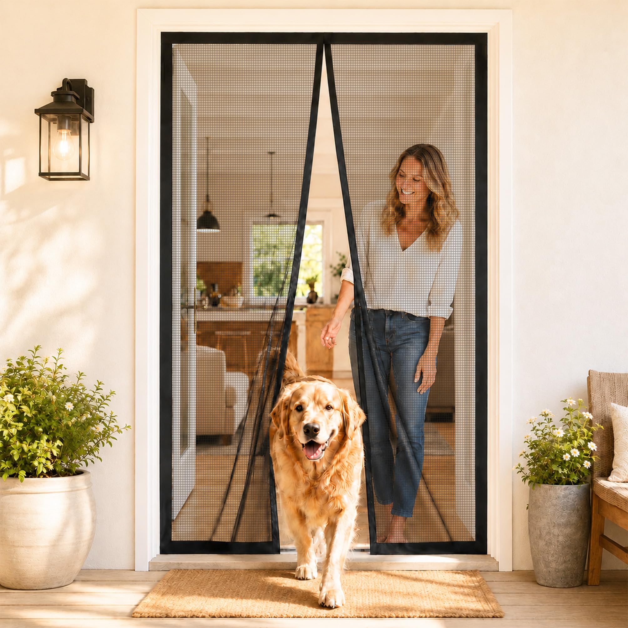 Fly Curtain for Door Black 145x170cm Double Door Fibreglass Fly Screen with Central Magnetic Opening for Wider Doors Patio Back French and Balcony