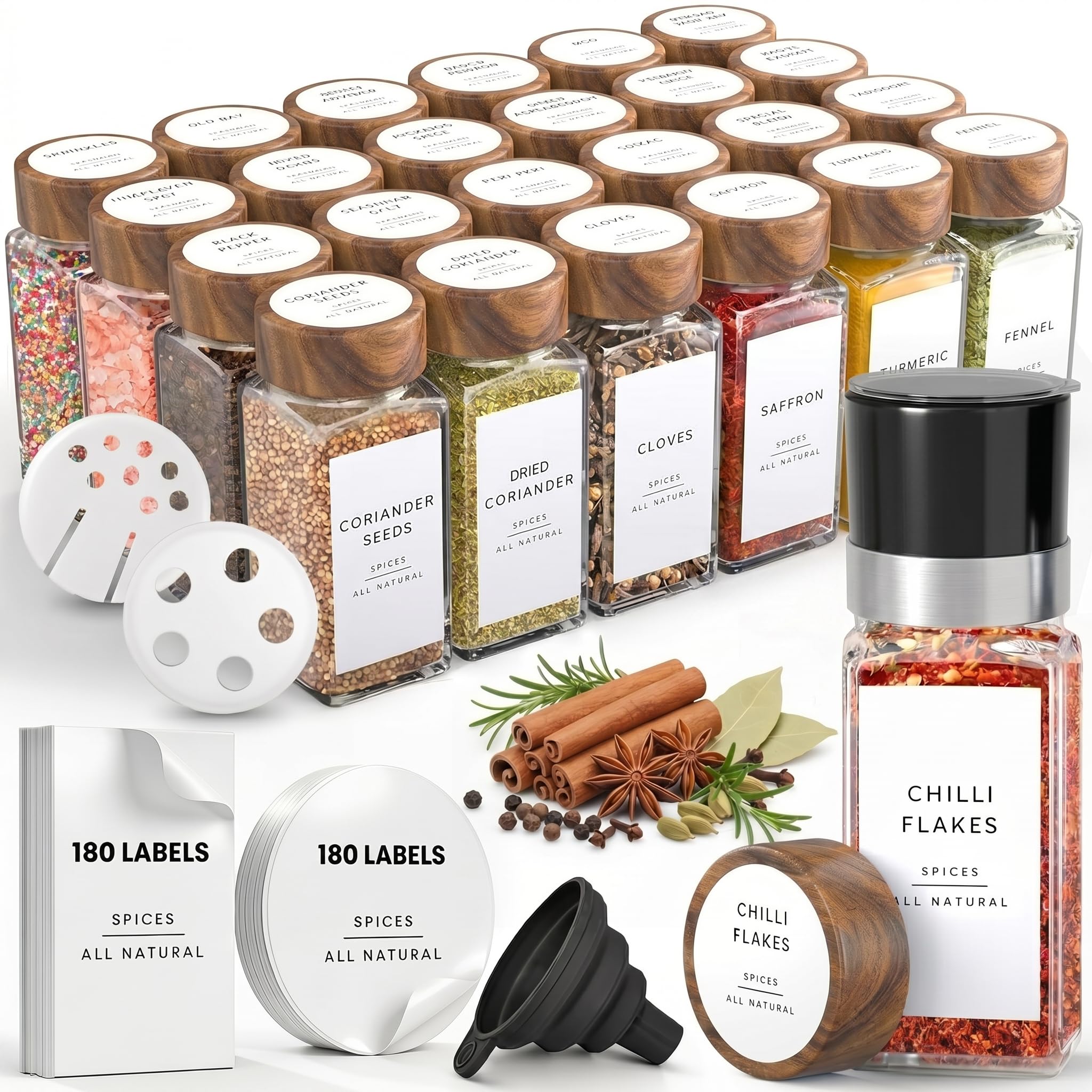 Livabl Acacia Glass Spice Jars With Lids And Labels – 24 Bamboo Lid Spice Containers - 120Ml Airtight Jars With 360 White Uk Designed Waterproof Pre-Printed Labels - Complete Herb, Seasoning & Spices Storage