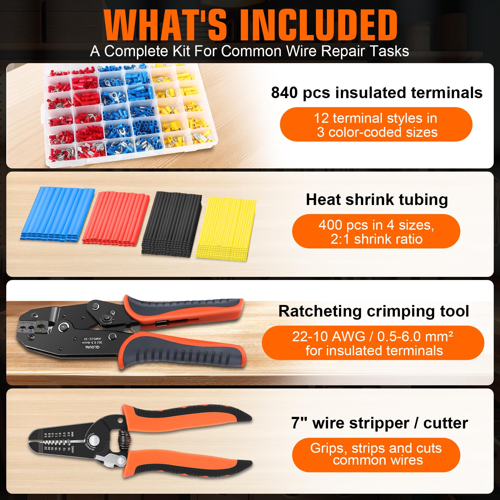 Kit de herramientas de crimpado de terminales de alambre, 840 conectores aislados, 400 tubos termorretráctiles, crimpadora de trinquete, cortador pelacables, 22-10 AWG
