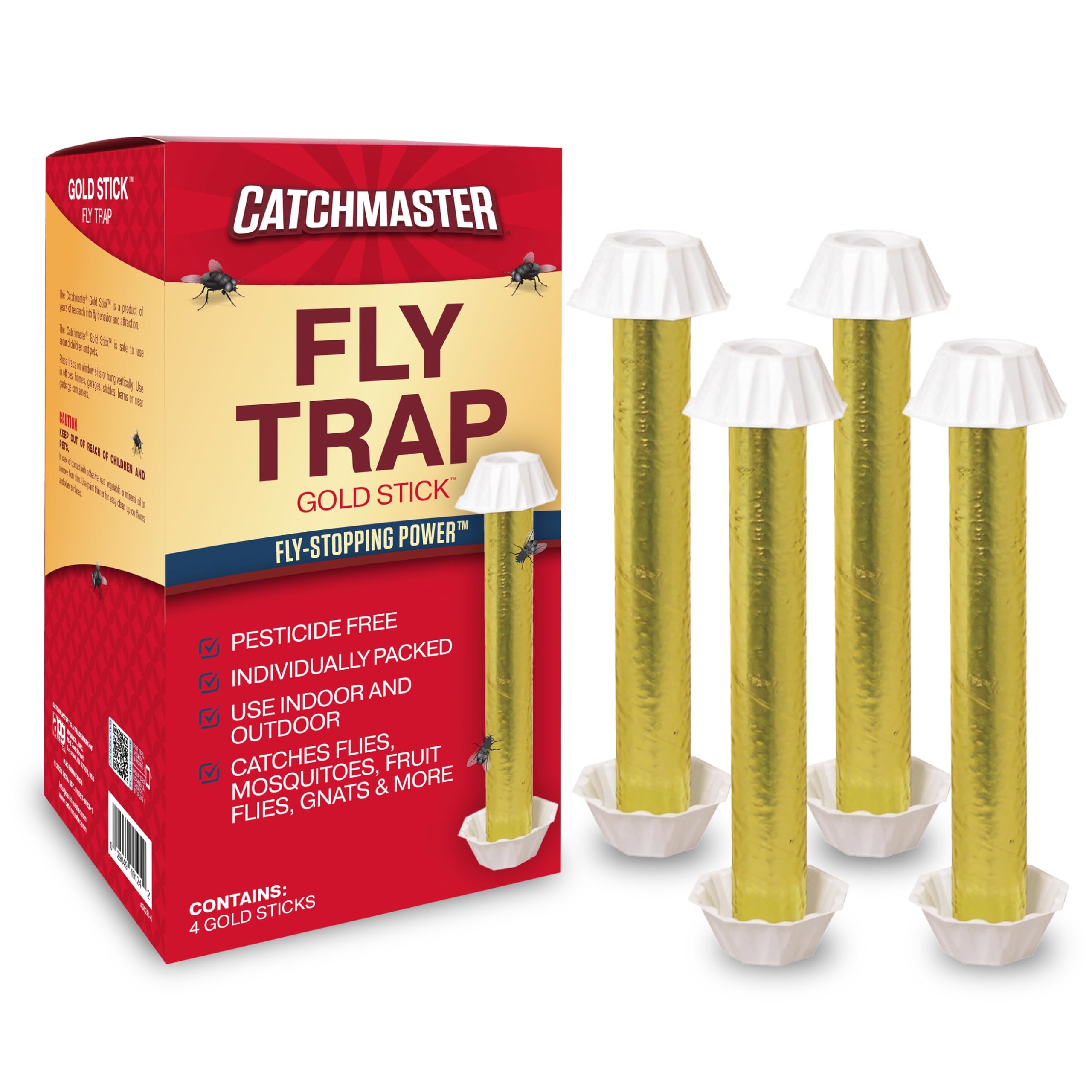 CatchmasterGold Stick Fly Trap 4-Pk, Bug & Fruit Fly Traps for Indoors & Outdoors, Premium Adhesive Mosquito, Gnat, & Bug Catcher, Insect Killer, Pet Safe, Bulk Pest Control for Home