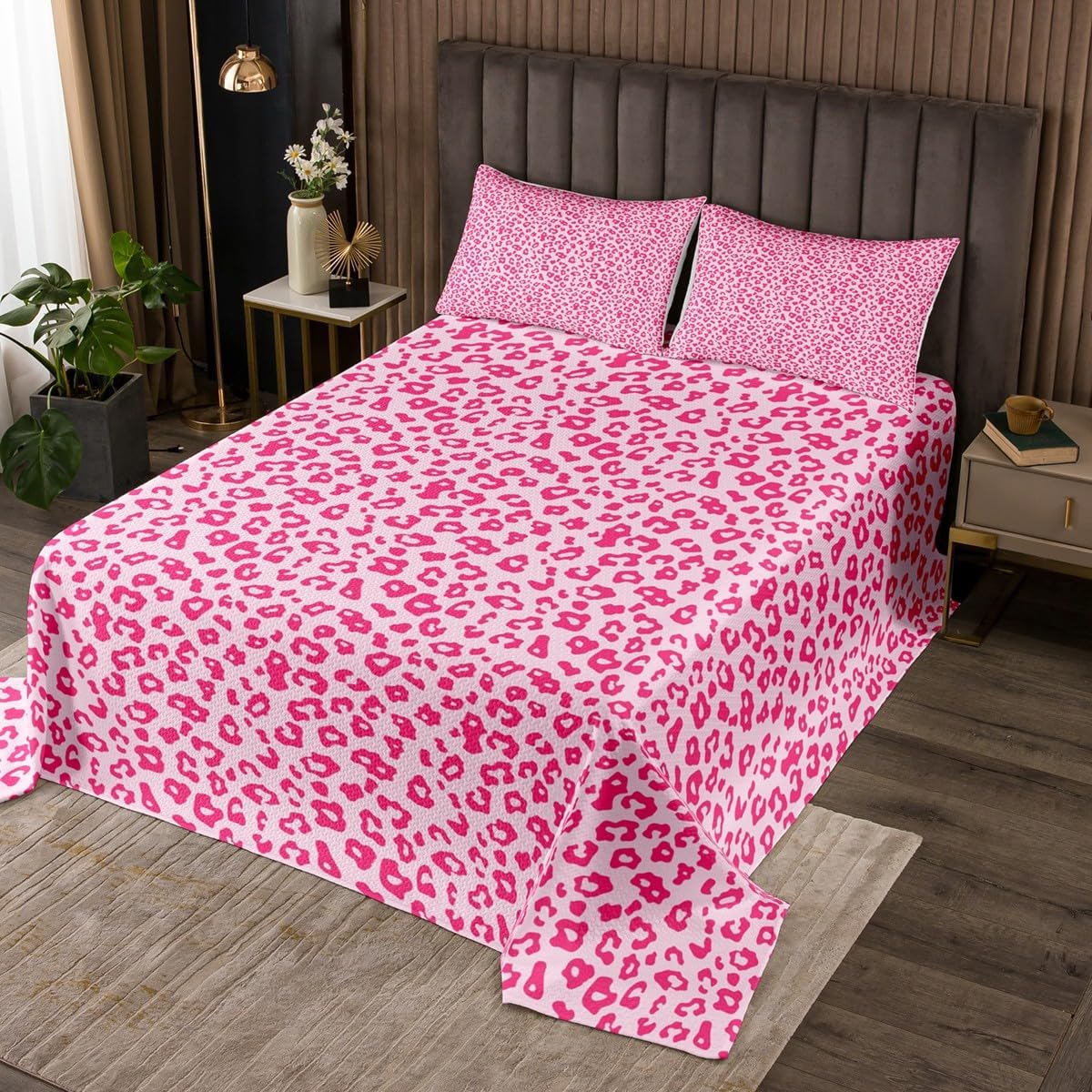 Castle Fairy Pink Leopard Bedspread Twin Size,Cheetah Fur Print Bedding Sets 2Pcs for Kids Girls Boys Room Decor,Africa Wild Animals Comforter Set Fashion Modern Quilt Coverlet,1 Pillowcase