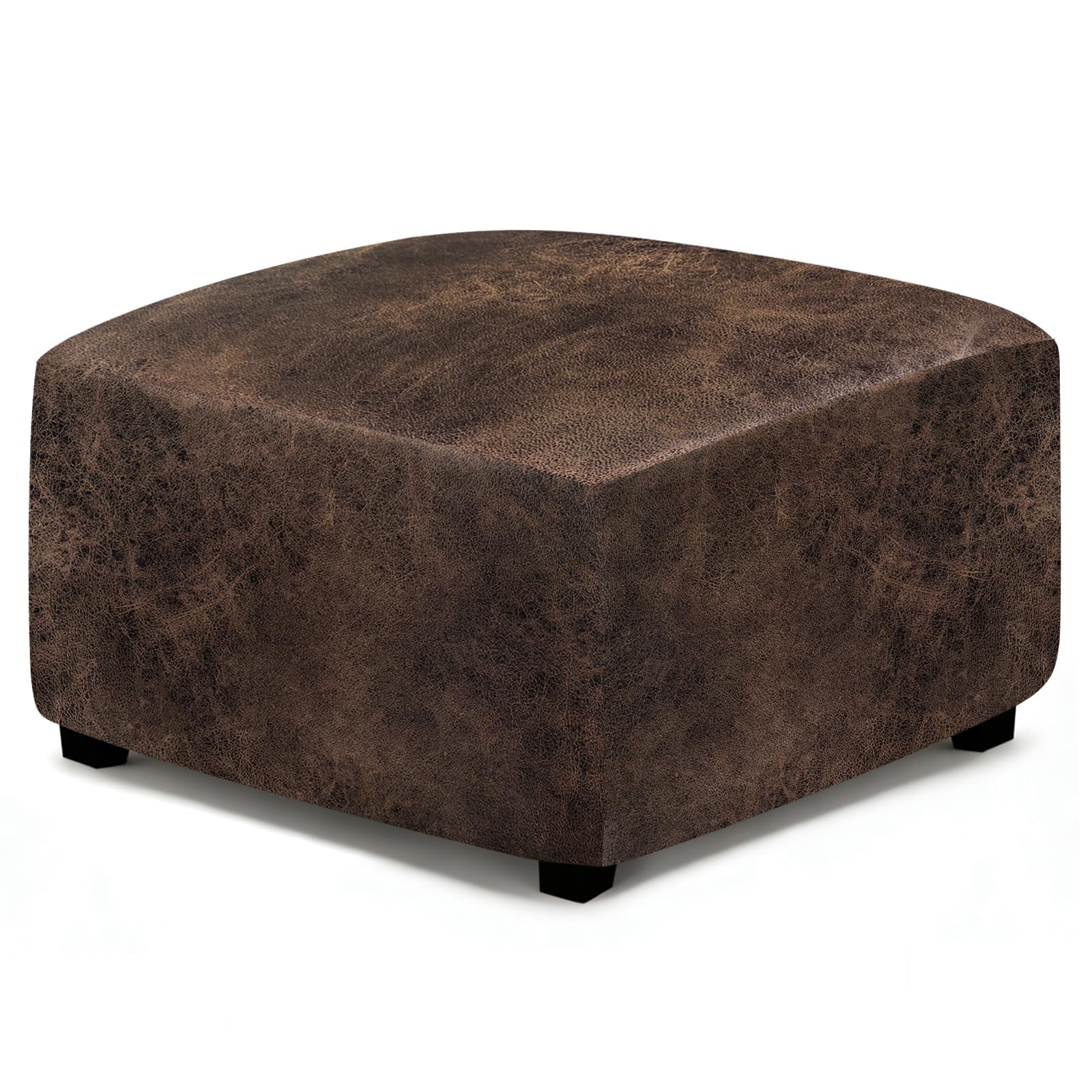 ANARACHON Leather Like Ottoman Cover, Stretch Small Square Ottoman Covers, Rectangular Ottoman Slipcovers with Removable Washable Non-Slip Elastic Bottom for Footstools (02 Brown, Medium)
