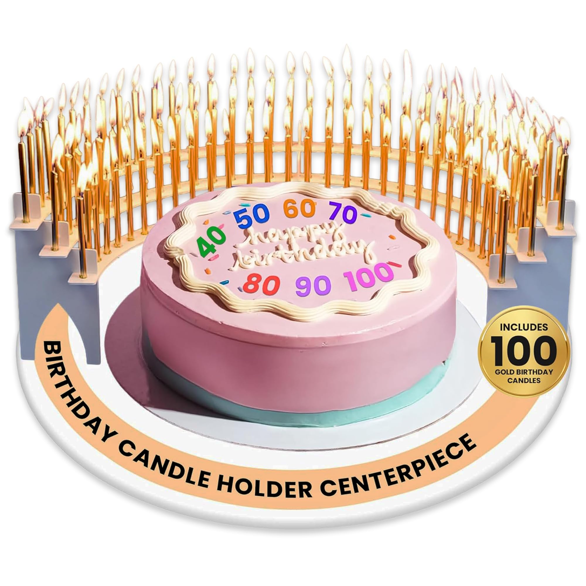White Candle Holder Centerpiece for Milestone Birthdays – Perfect for 40th, 50th, 60th, 70th, 80th, 90th, and 100th – Includes 100 Gold Birthday Candles – Elegant Cake Decorations