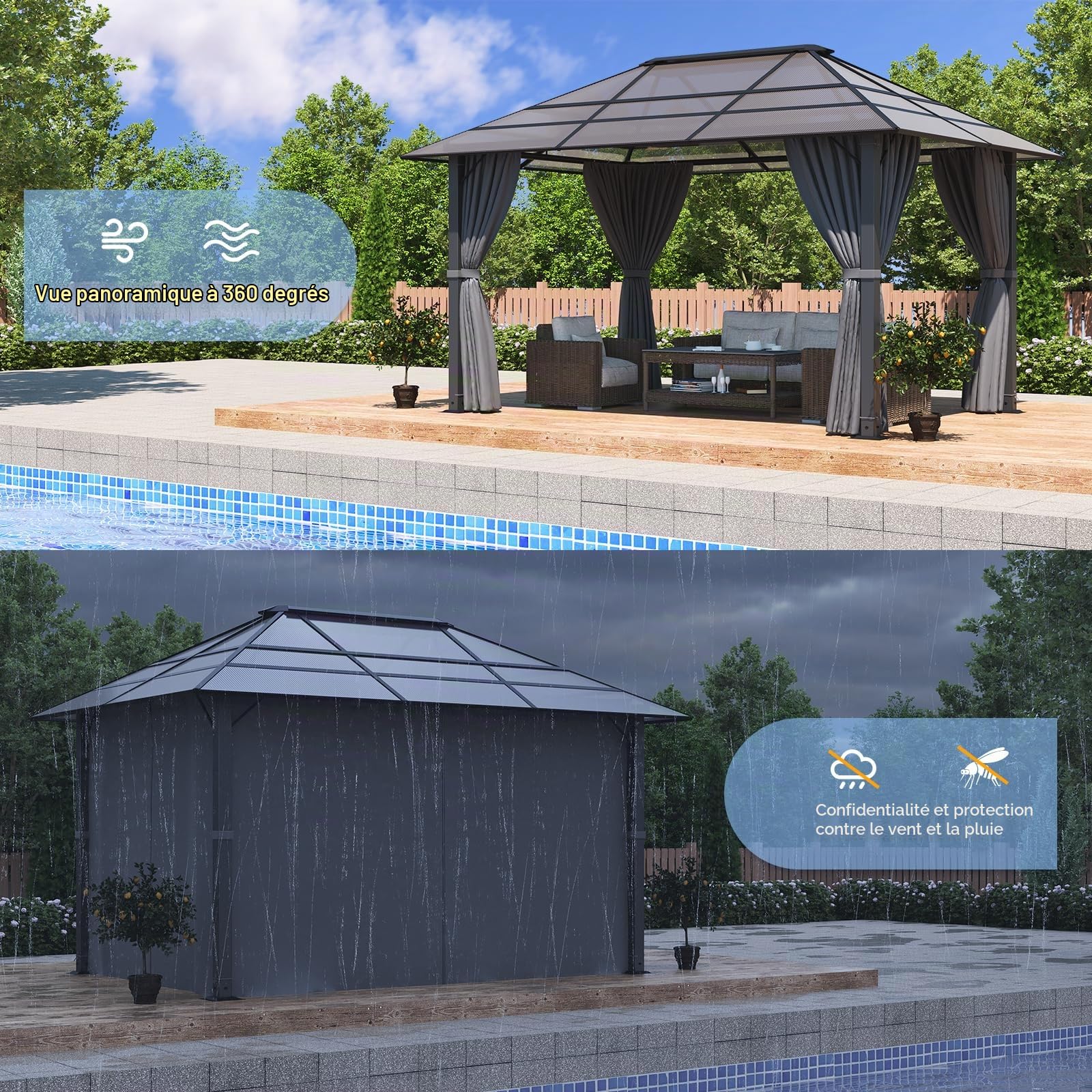 TRIUMPHKEY Tonnelle de Jardin 3x4 Imperméable,Gazebo de Impermeable Panneau de Protection Solaire Double pc Uv50+, Tonnelle de Jardin Extereur en Aluminum, Barnum Gris