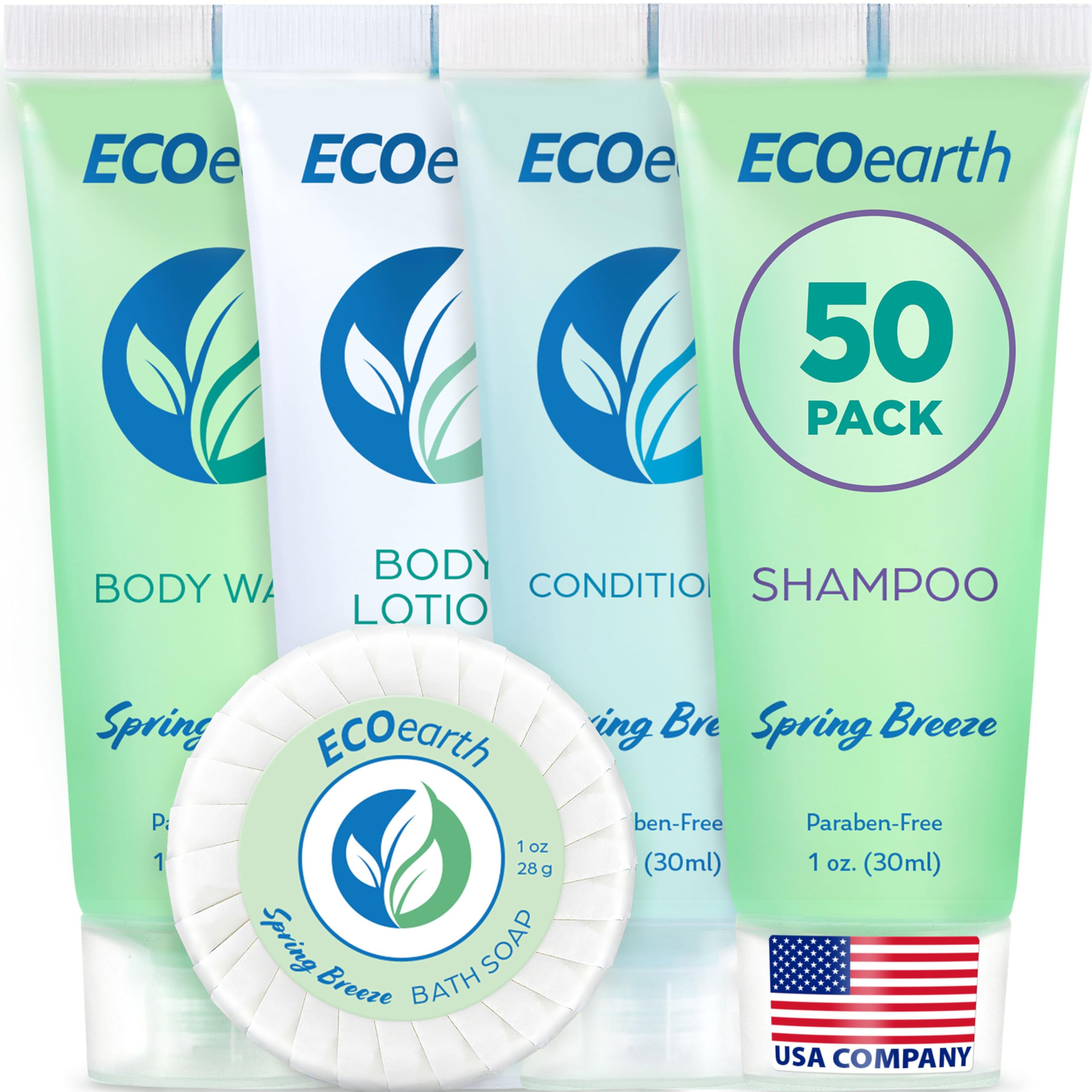 EcoEarth Hotel Toiletries Bundle (Spring Breeze, 1 oz Each, 250 Pieces) 5-Piece Set: 50 Each Round Bar Soap, Shampoo, Conditioner, Body Lotion & Body Wash - Bulk Mini Guest Amenities