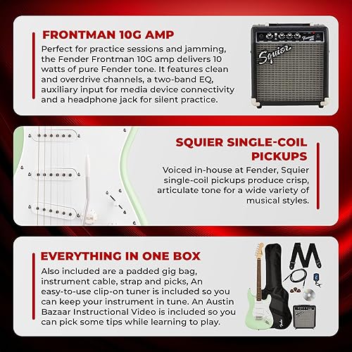 Miniatura 4 de Fender Squier Sonic Stratocaster - Paquete verde surf con amplificador Frontman de 0.35 onzas, bolsa de concierto, cable, correa, afinador, Fender