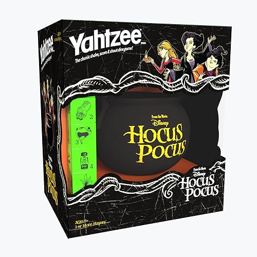 USAOPOLY YAHTZEE Disney Hocus Pocus  Taza de dados de caldero coleccionable de bruja  Juego familiar clásico basado en película, ideal para la