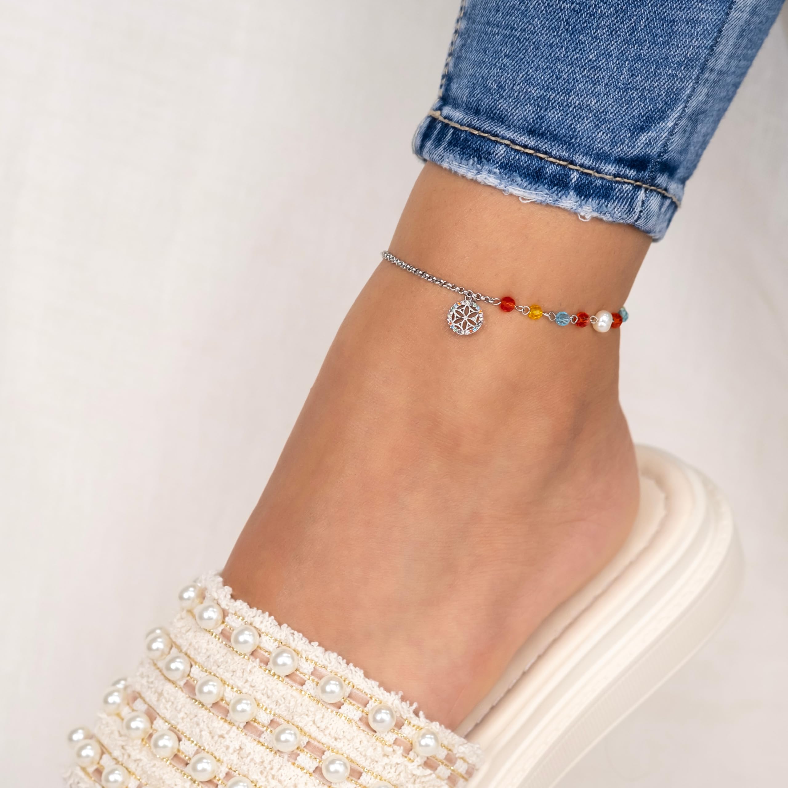 Engelsrufer Damen Armband silber aus Edelstahl, Glasperlen und Lebensblume Anhänger - besetzt mit 24 bunten Zirkonia -in zwei Längen verstellbar - nickelfrei