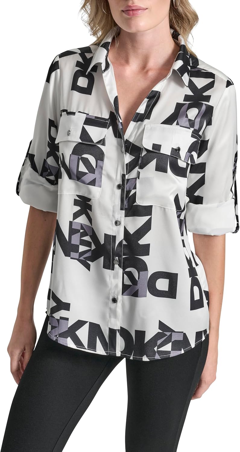 DKNY Women's Woven Long Sleeve Roll Tab Logo Shirt