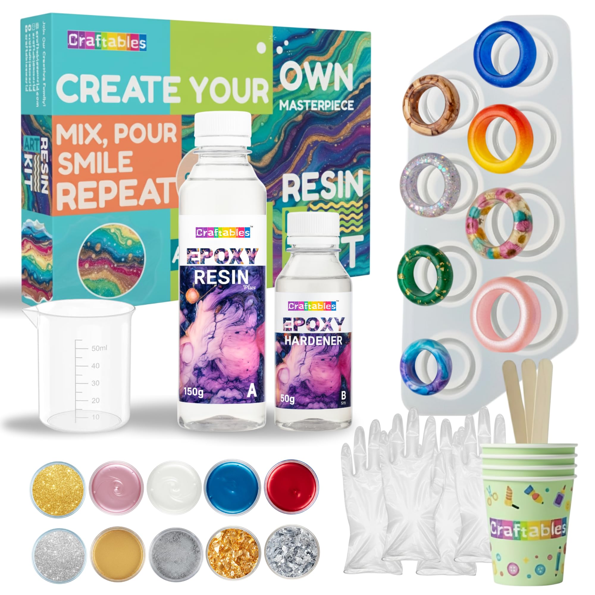 Craftables DIY Resin Ring Making Kit for Beginners & Artists | Complete Jewelry Craft Set with Silicone Ring Mould, 240ml Clear Resin, Pigments, Glitter, Foil Flakes, Measuring Cup & Tools-image-17