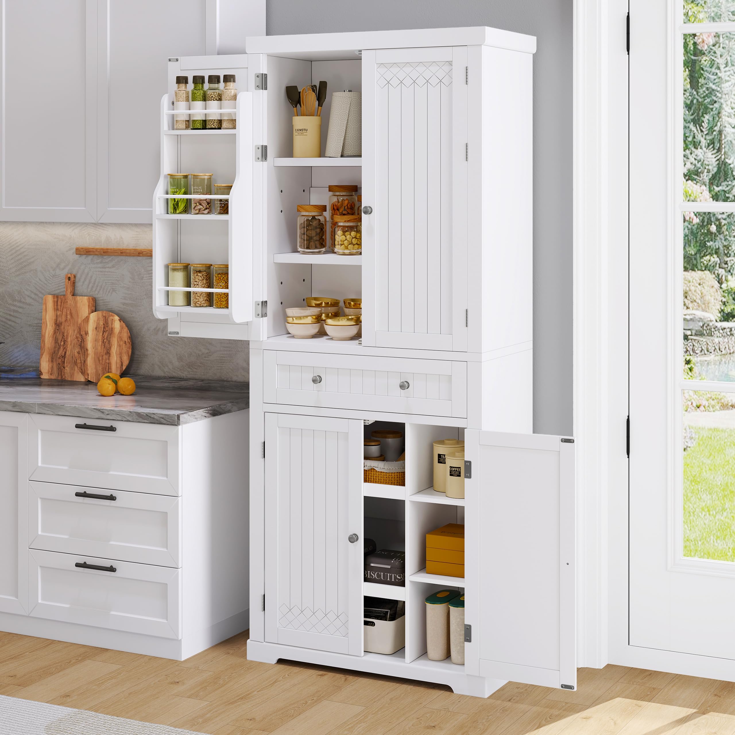 YITAHOME Küchenschrank, 182.5CM Hochschrank Küche Vorratsschrank, Buffetschrank mit Verstellbaren Ablagen, Esszimmerschrank mit Schubladen, für Wohnzimmer Küche