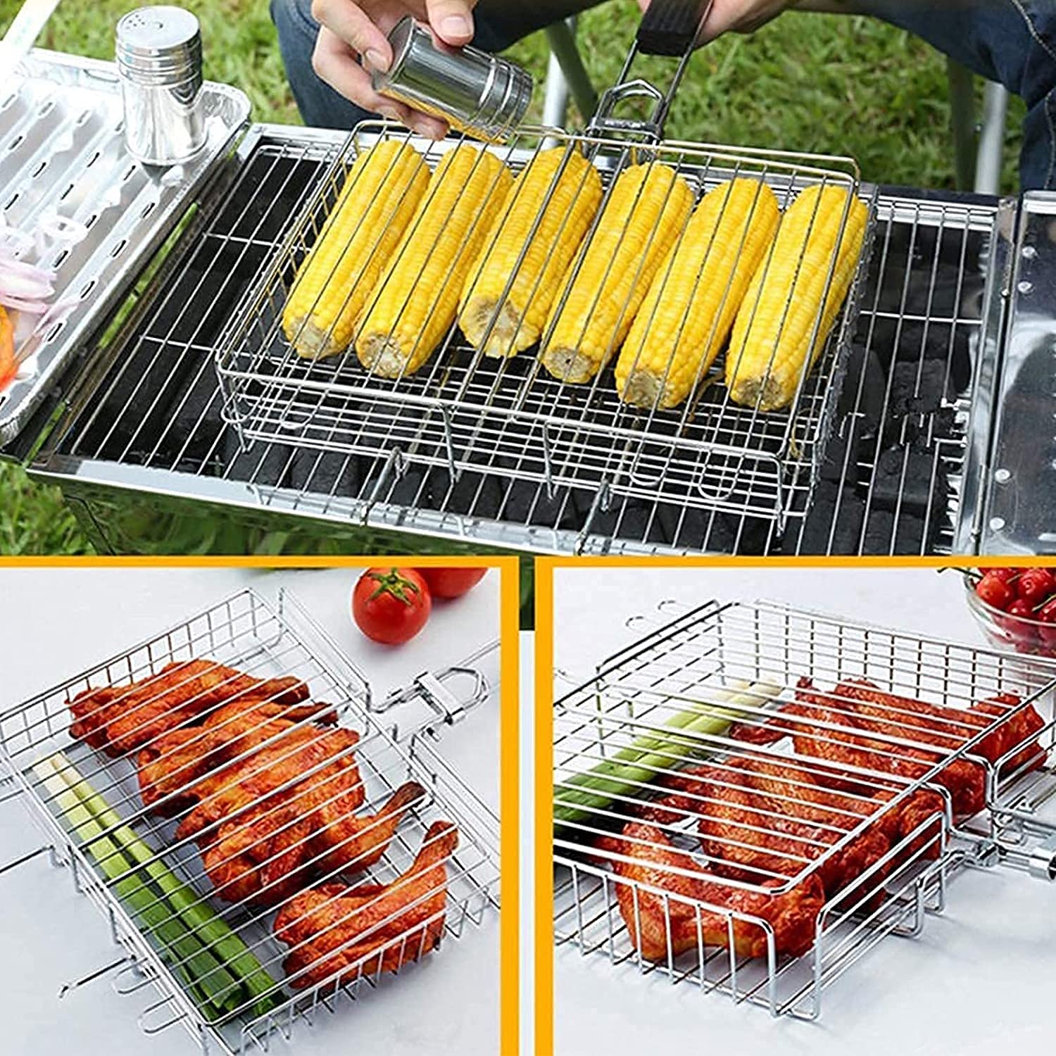 Faltbarer BBQ Fischbräter Grillkorb, Tragbares Grill Fischhalter Grillkorb tragbar und faltbar Großzügige Kochfläche für Gemüse, Fisch, Fleisch Perfekt Barbecue Grillen Kit