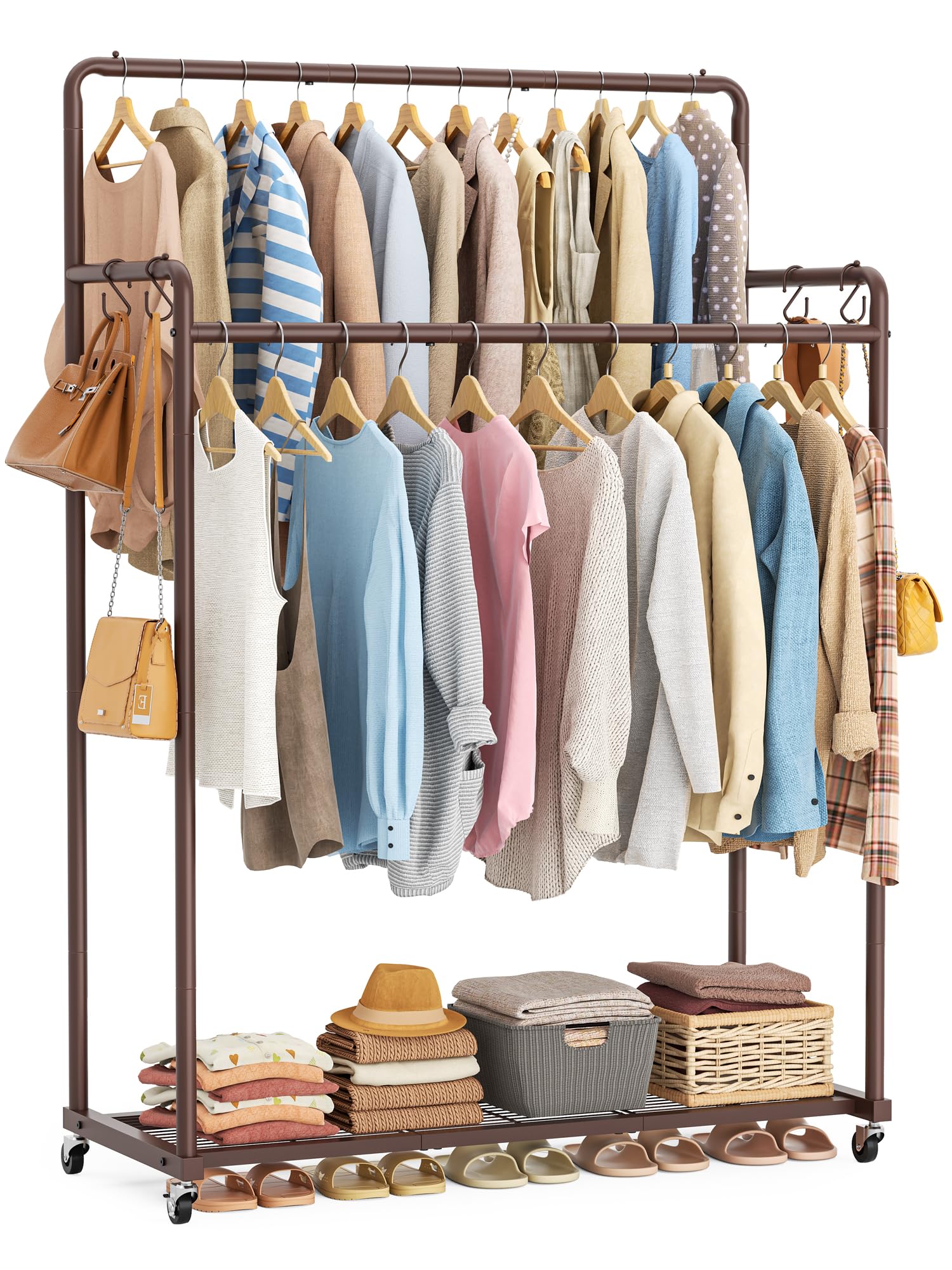 HOMIDEC Clothes Rail,Metal Clothes Rack with Hooks, Double Rads Heavy Duty Clothing Rail for Bedroom,Portable Clothing Rack Clothes Storage Shelf,Hold up to 85 kg,Brown