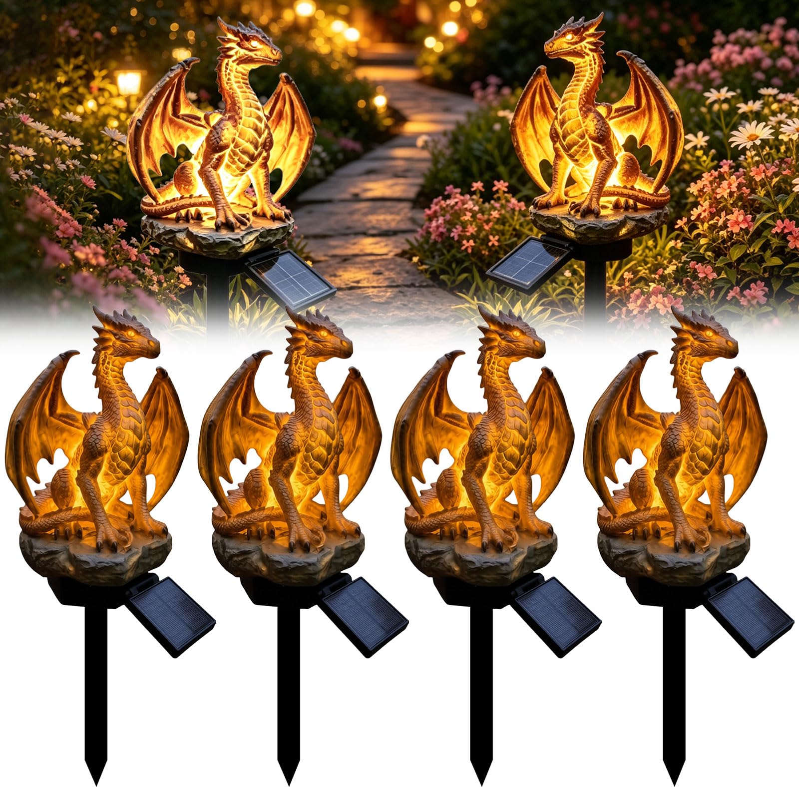 4Packs Solar Dragon Garden Statue with Warm Glow LED Lights, Outdoor Resin Dragon Sculpture Solar Powered, Weatherproof Garden Ornament for Patio Lawn Yard Decor, for Garden Lovers