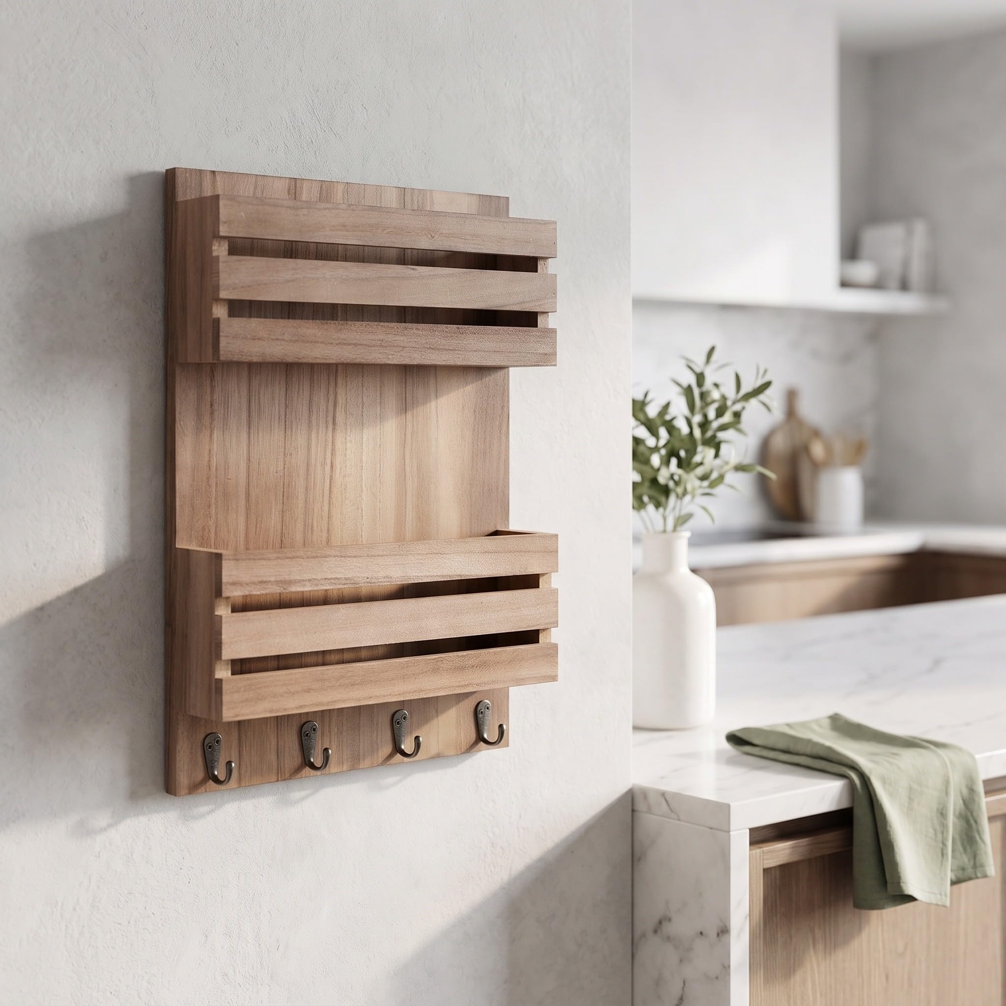 Zerodeko Organizador de correo de madera para montaje en pared con ganchos