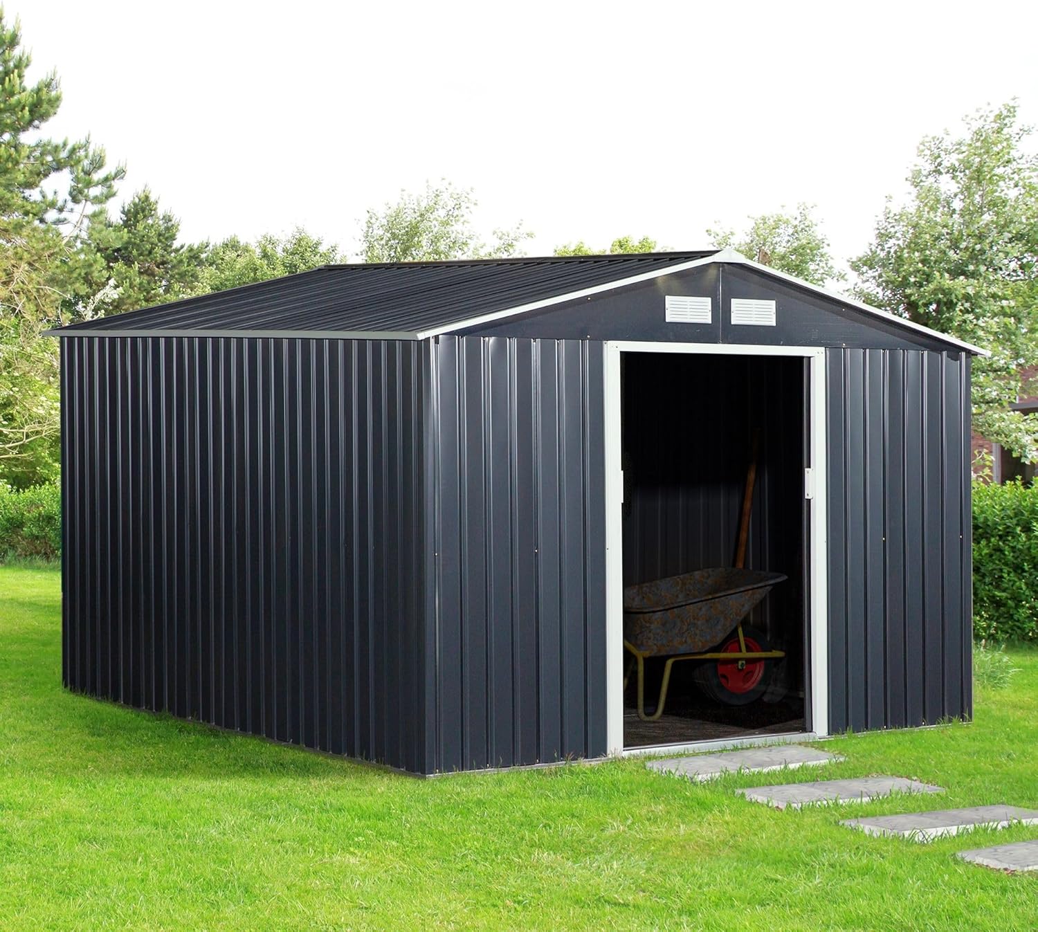 11'x9' Reliable Long-Lasting Steel Storage Shed with Double Sliding Doors and 4 Air Vents for Yard Tool Management Dark Gray