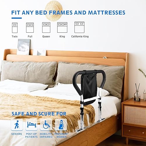 Miniatura 8 de Barandilla plegable para personas mayores, barra de apoyo médico de altura ajustable con bolsa de almacenamiento gratuita, se adapta a camas King,