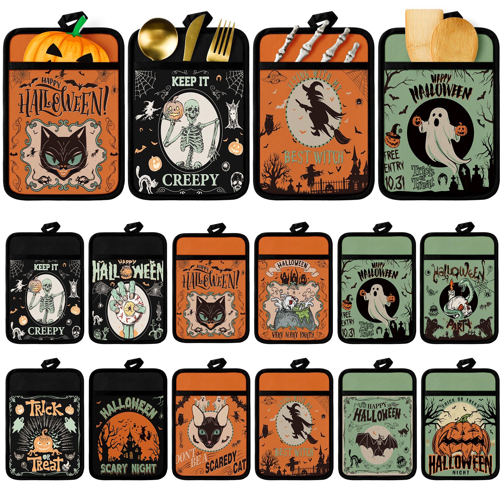 Jingmore 12 Pcs Halloween Pot Holders with Pocket Retro Housewarming Gifts