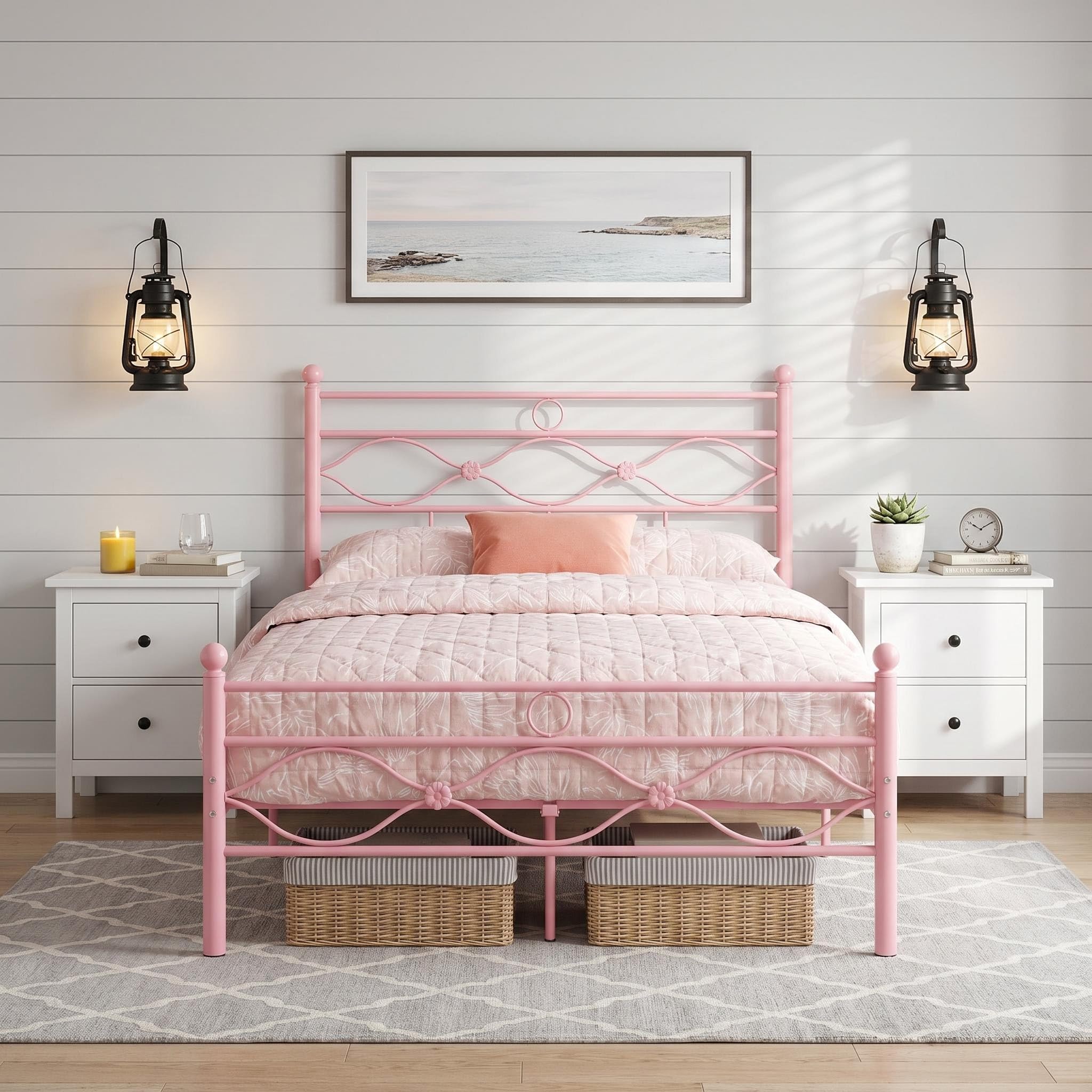 Panana Small Double Metal Bed Frame,120 x 190cm,4FT Platform Bed with 28cm Under Bed Storage,Modern Luxury Solid Bedstead for Guest Room,Bedroom (Pink) — image 1