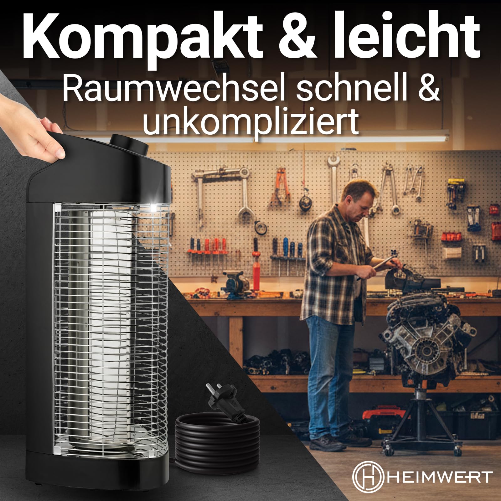 Heimwert Infrarot Stand Heizstrahler – Sofortige Wohlfühlwärme für Terrasse & Innenbereich, mobil & effizient, geräuschlos & allergikerfreundlich - Testurteil Sehr gut (52cm Höhe)