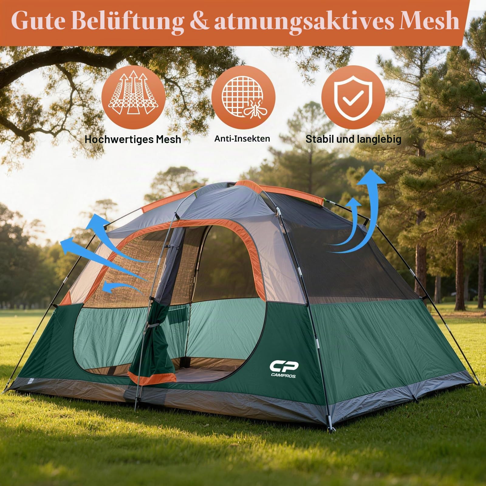 CAMPROS CP Familienzelt 6-8 Personen mit Stehhöhe 193CM, Großes Campingzelt wasserdicht mit Vorzelt & Belüftung, Cabin Zelt für Familien Camping & Festival